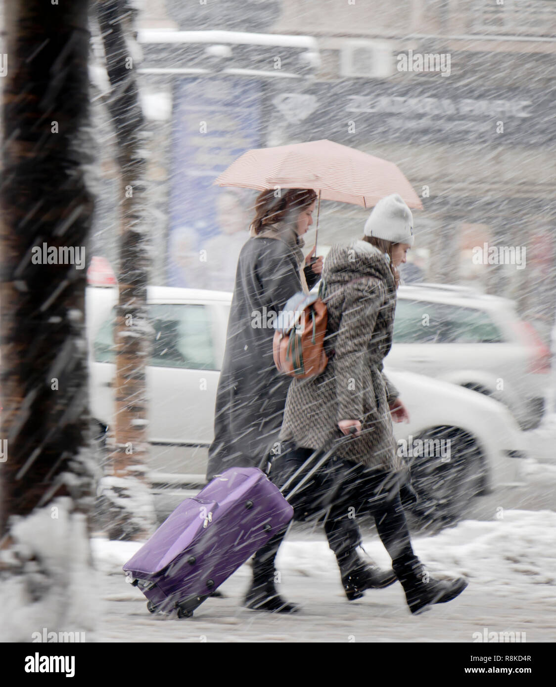Belgrade, Serbia - December 15, 2018: Two teenage girls walking under umbrella in heavy snowfall in city street and one is rolling a wheeled suitcase  Stock Photo