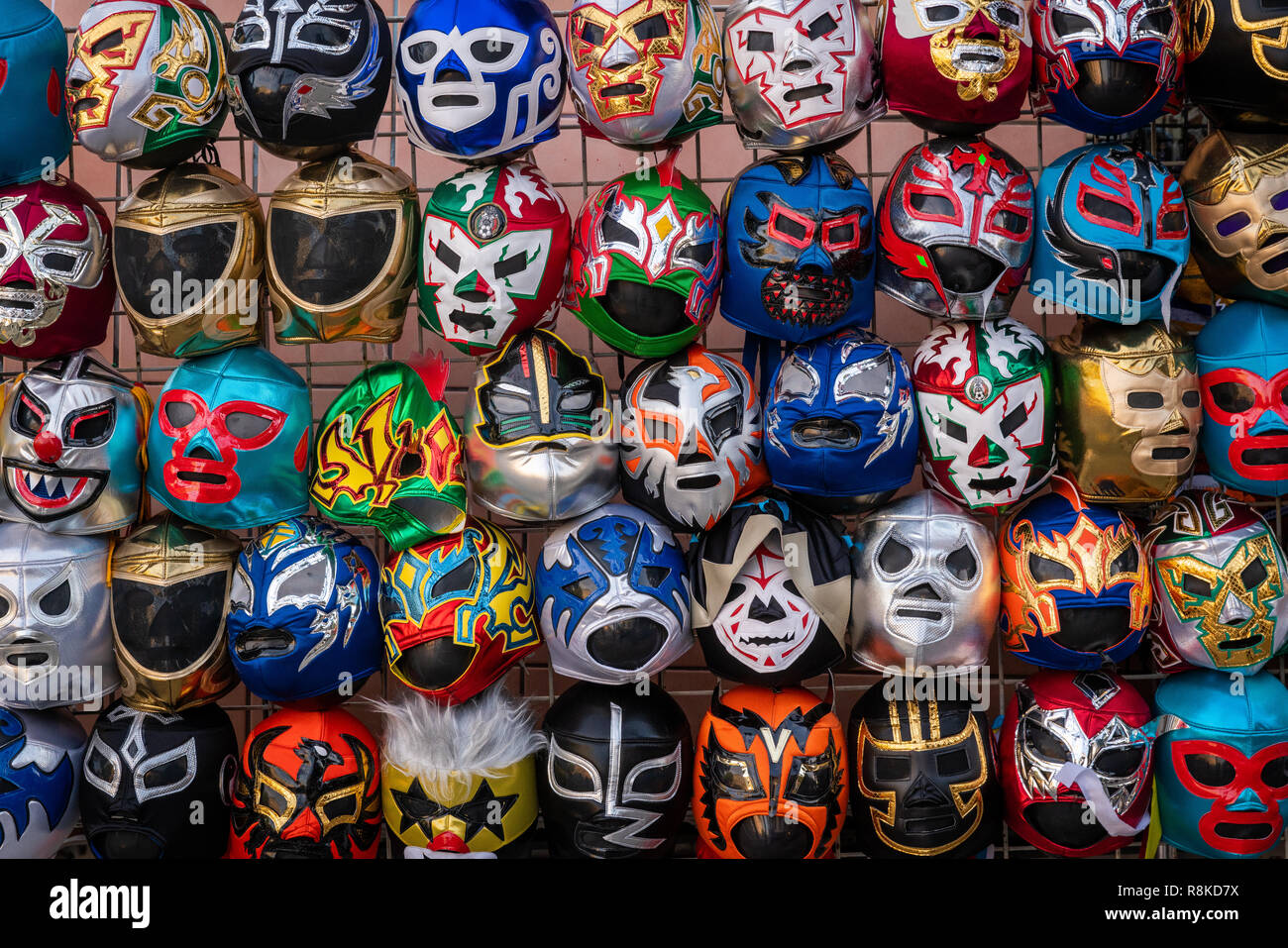 Lucha Libre wrestling masks on display for sale on the street in San Francisco, California. Stock Photo