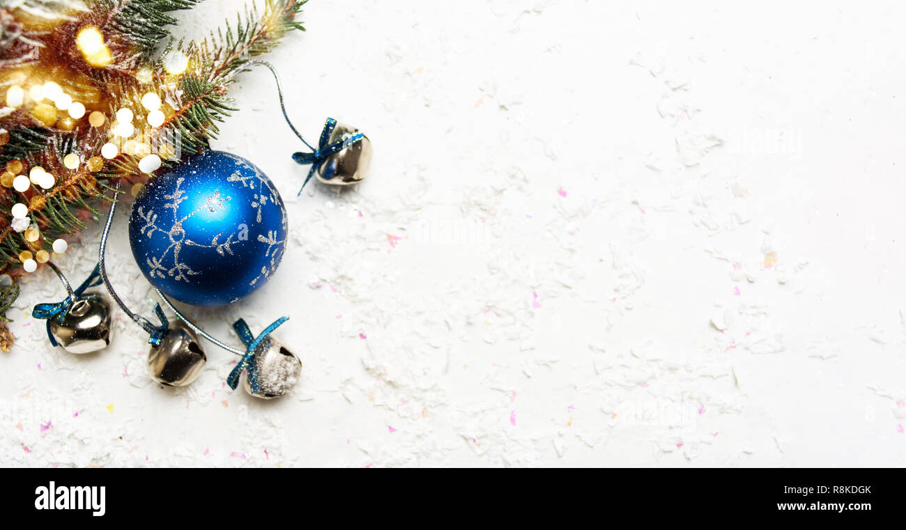 Blue Christmas decorations on snow covered background banner Stock Photo