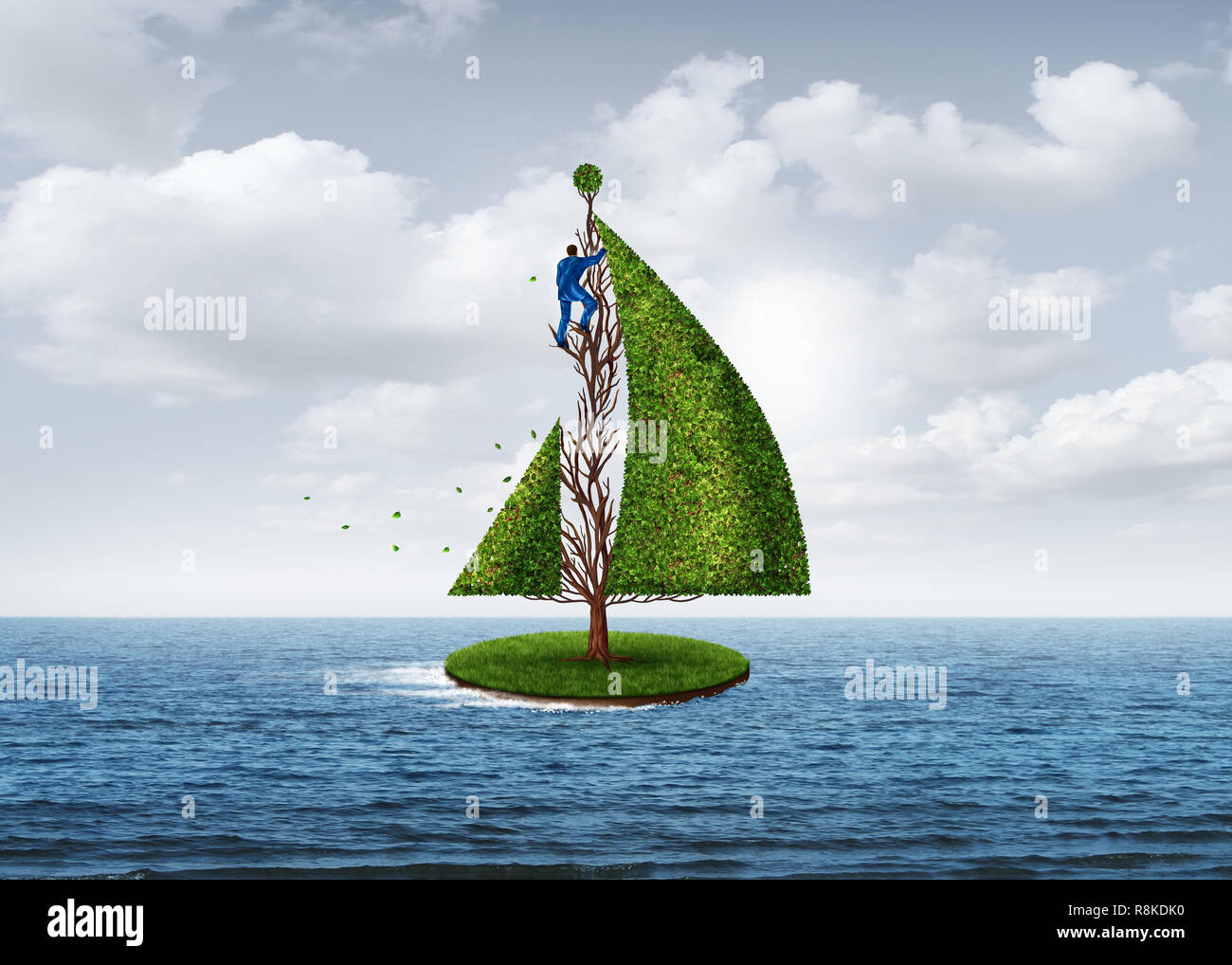 Business development metaphor and strategic forward creative thinking as a person shaping a tree into the shape of a moving sailboat. Stock Photo