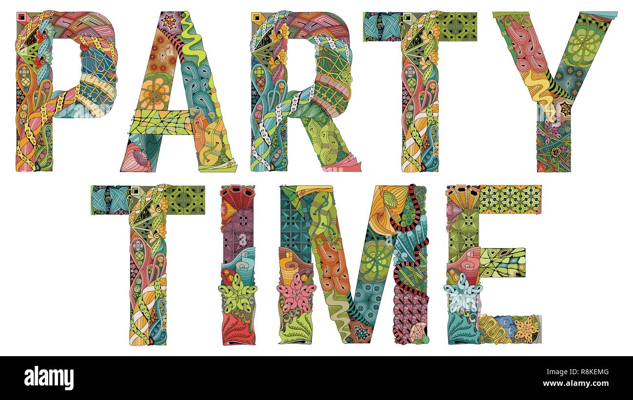 Handpainted art design. Hand drawn illustration words PARTY TIME for t