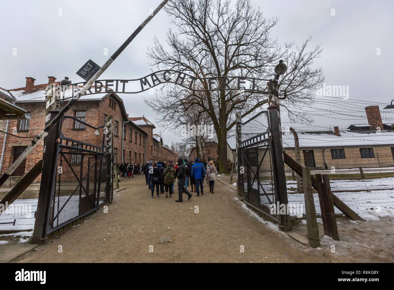 Poland, Auschwitz, Birkenau, Nazi German concentration and extermination camp (1940-1945), camp entrance with inscription Arbeit macht frei, work makes free Stock Photo