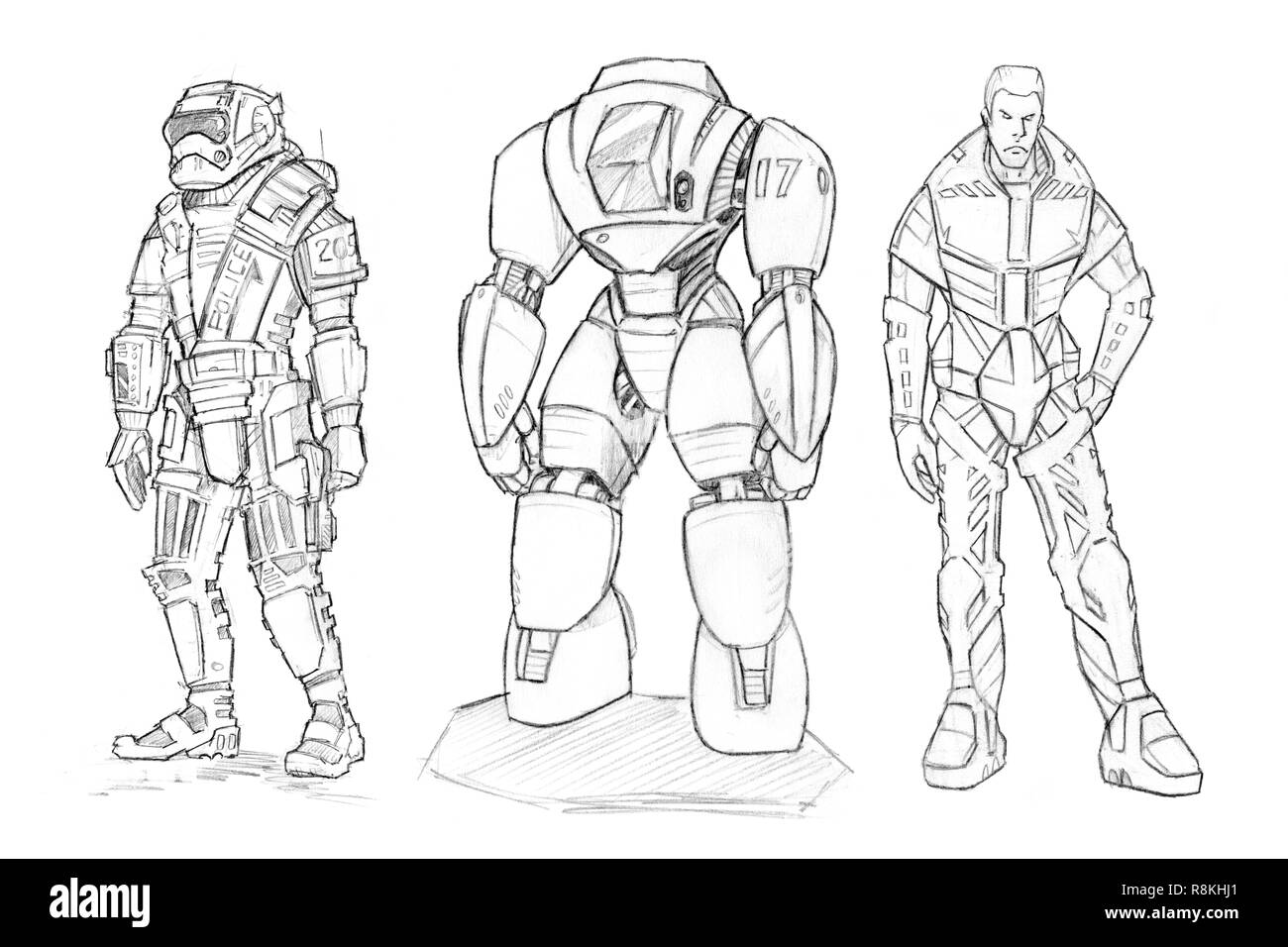 Set of Rough Pencil Drawings of Various Characters in Sci-fi Suit Stock Photo