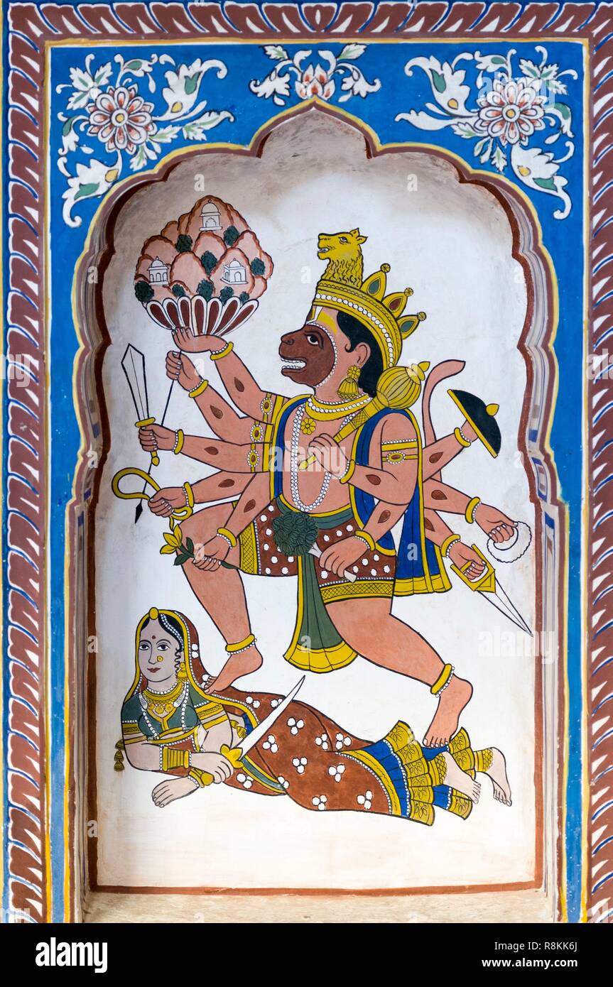 India, Rajasthan State, Nawalgarh, wall mural inside a haveli, a traditional house, Hindu God Hanuman Stock Photo