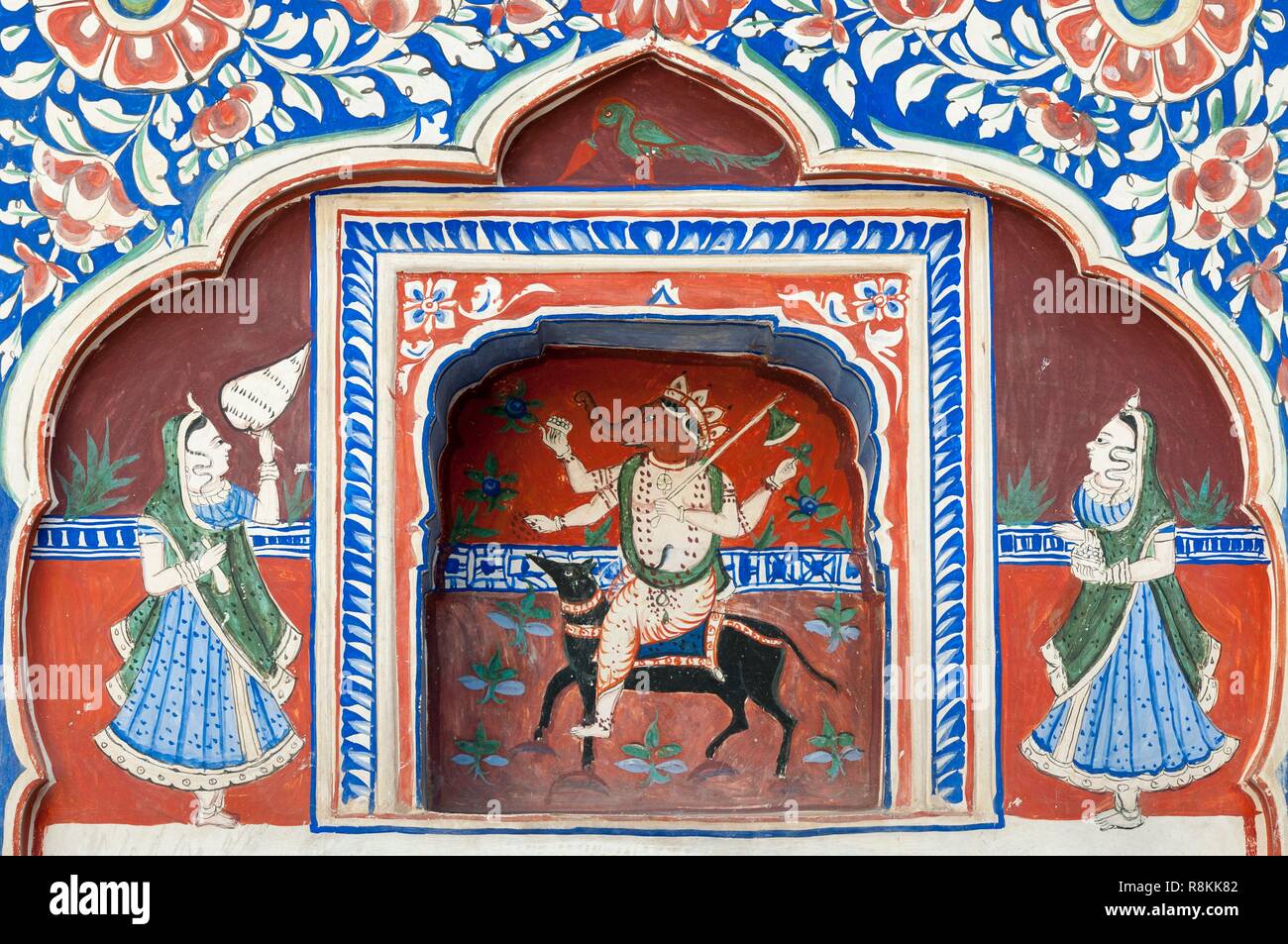 India, Rajasthan State, Nawalgarh, wall mural inside a haveli, a traditional house, Hindu God Ganesha Stock Photo