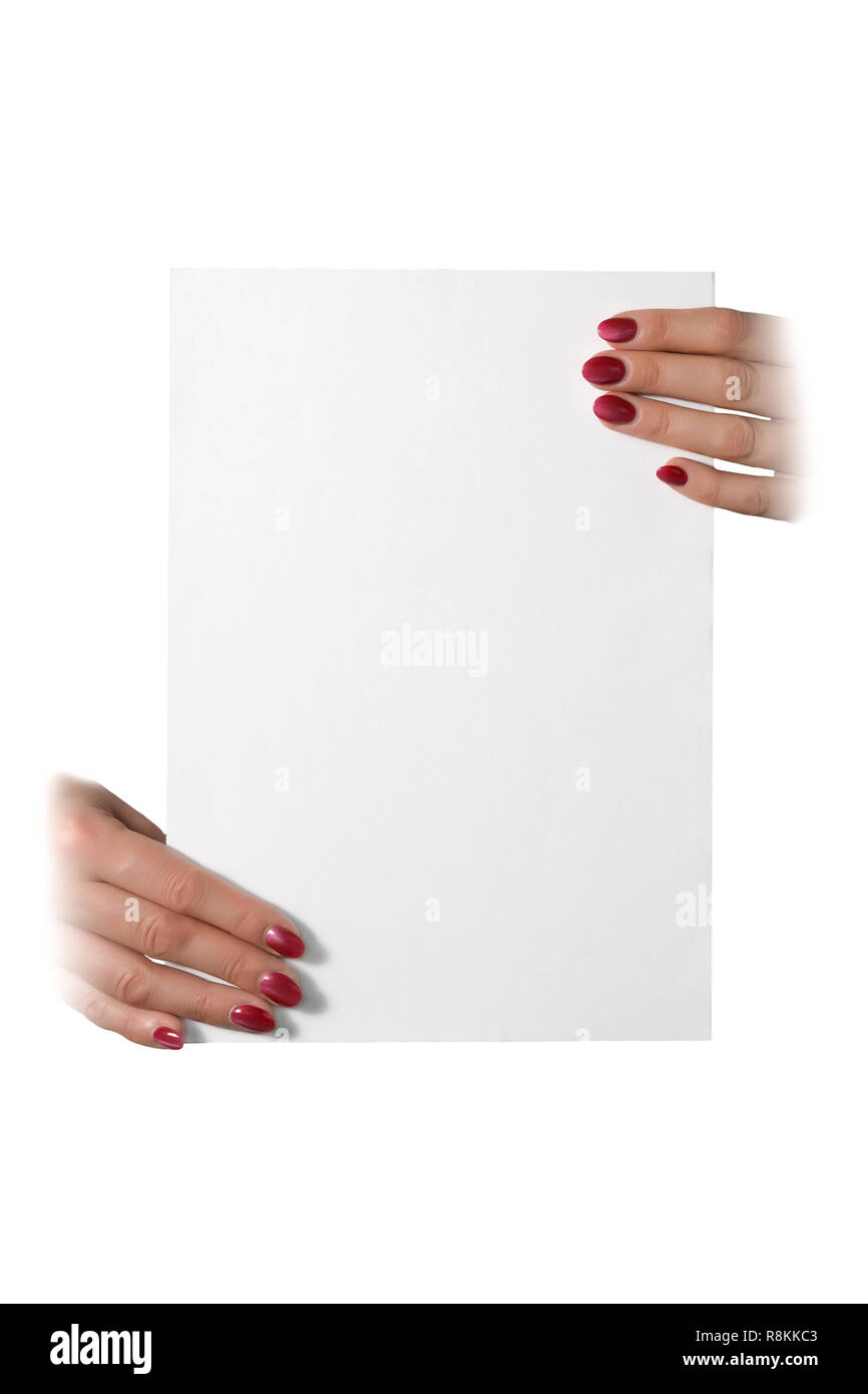 woman's hands holding a blank sheet of paper on a white background ...