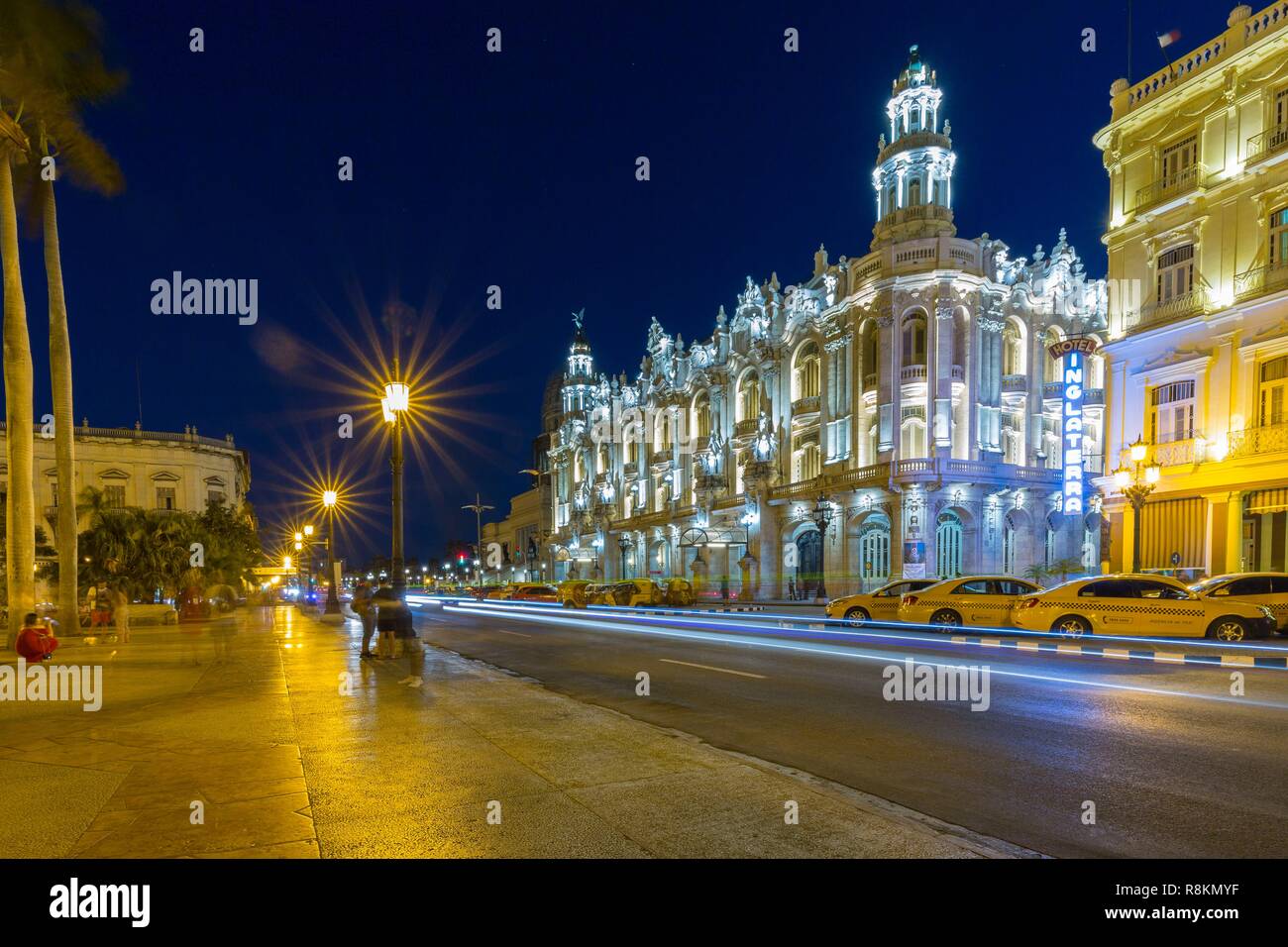 Cuba, Havana, district of Habana Vieja classified World Heritage by UNESCO, the Paseo de Marti or Prado, avenue lined with elegant mansions connecting the Malecon to the Capitol, the Parque Central, the Grand Theater of Havana (Gran Teatro de La Habana) and Inglaterra Hotel Stock Photo