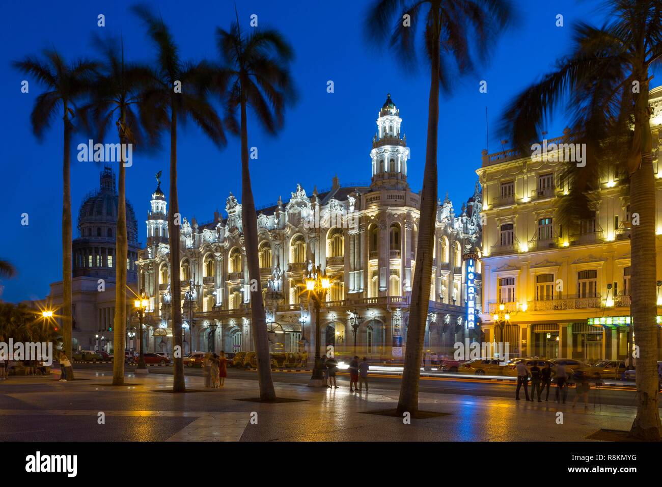Cuba, Havana, district of Habana Vieja classified World Heritage by UNESCO, the Paseo de Marti or Prado, avenue lined with elegant mansions connecting the Malecon to the Capitol, the Parque Central, the Grand Theater of Havana (Gran Teatro de La Habana) and Inglaterra Hotel Stock Photo