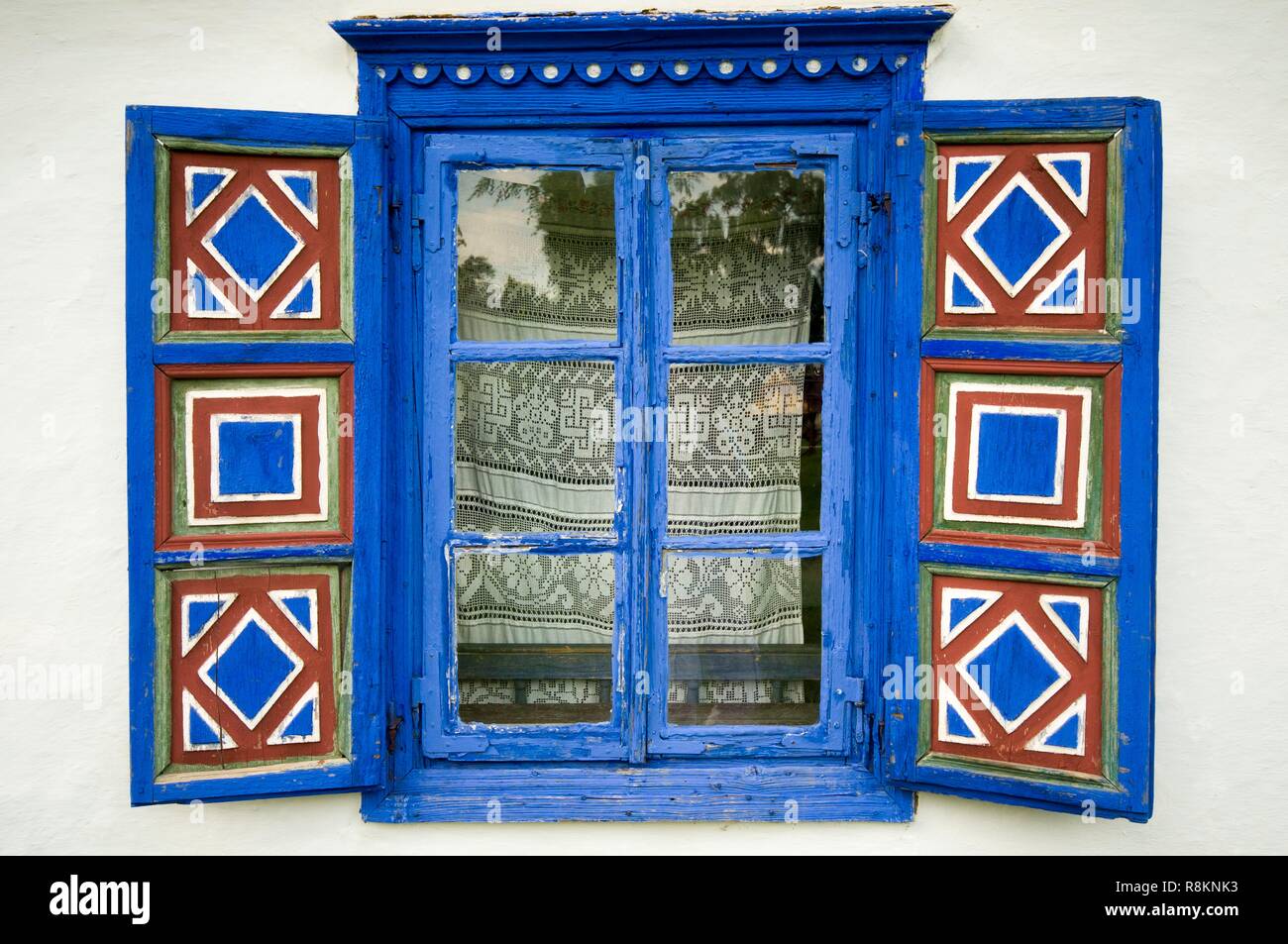 Romania, Muntenia, Bucharest, Dimitrie Gusti National Village Museum, decorated window Stock Photo