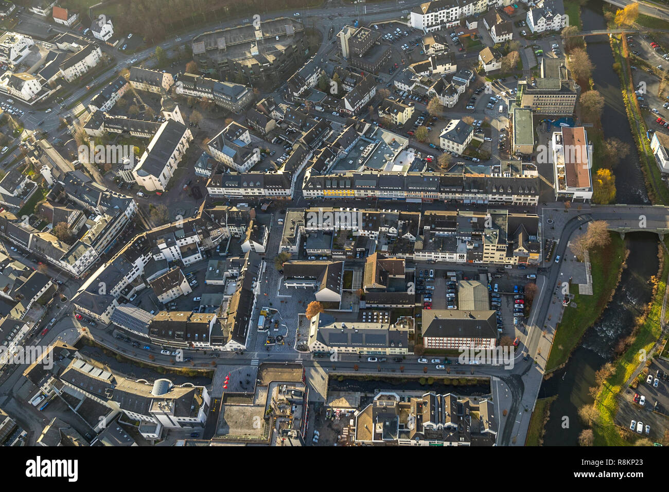 Aerial view, aerial view, Meschede-Center, Henne-Ruhr-Markt, formerly Hertie department store, Fritz-Honsel-Straße, Winziger Platz, Ruhr, Meschede, Sa Stock Photo