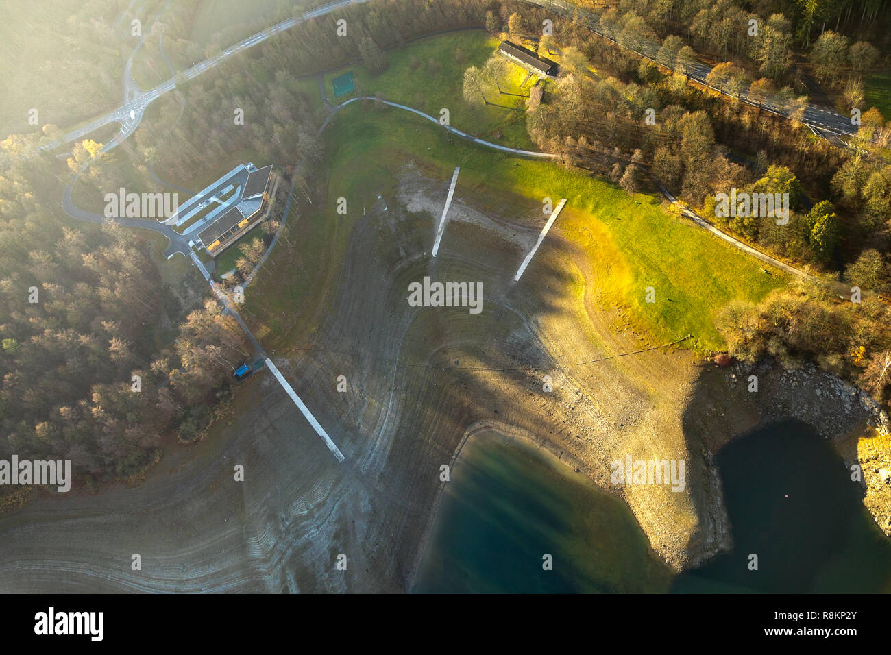 Aerial view, aerial view, low water, boat pier Restaurant H1 am See,  Berghauser Bay - beach, Hennesee, Hennetalsperre, reservoir, federal road  B55, Be Stock Photo - Alamy