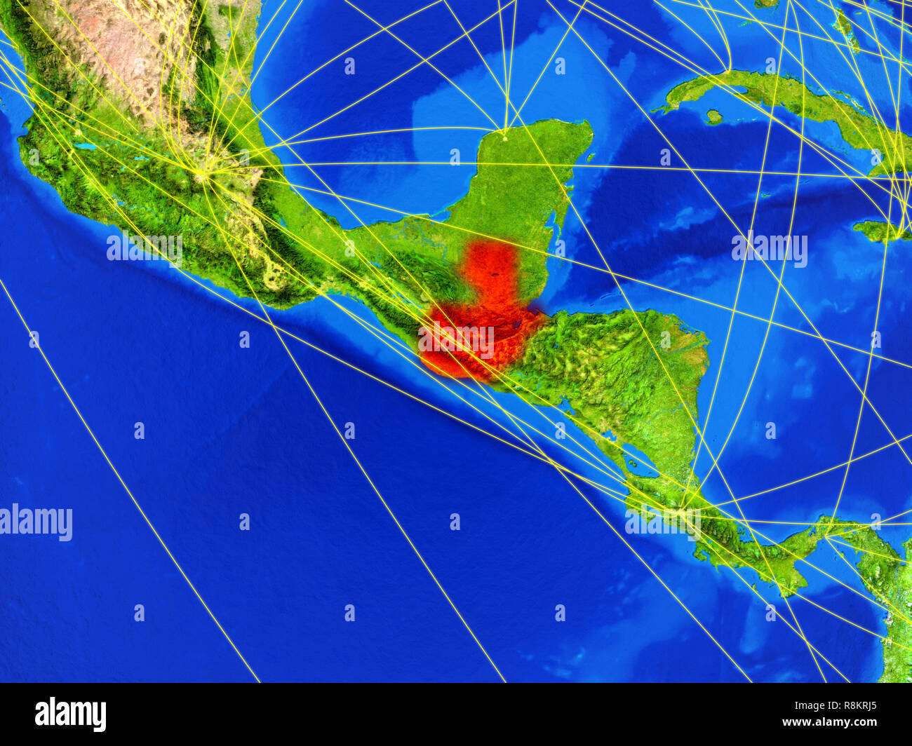 Guatemala from space on model of planet Earth with networks. Detailed ...