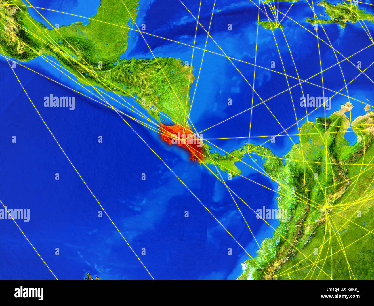 Costa Rica from space on model of planet Earth with networks. Detailed ...