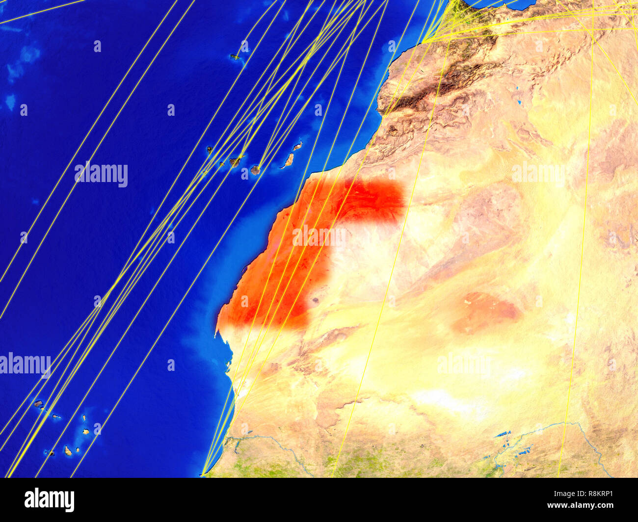 Western Sahara from space on model of planet Earth with networks ...