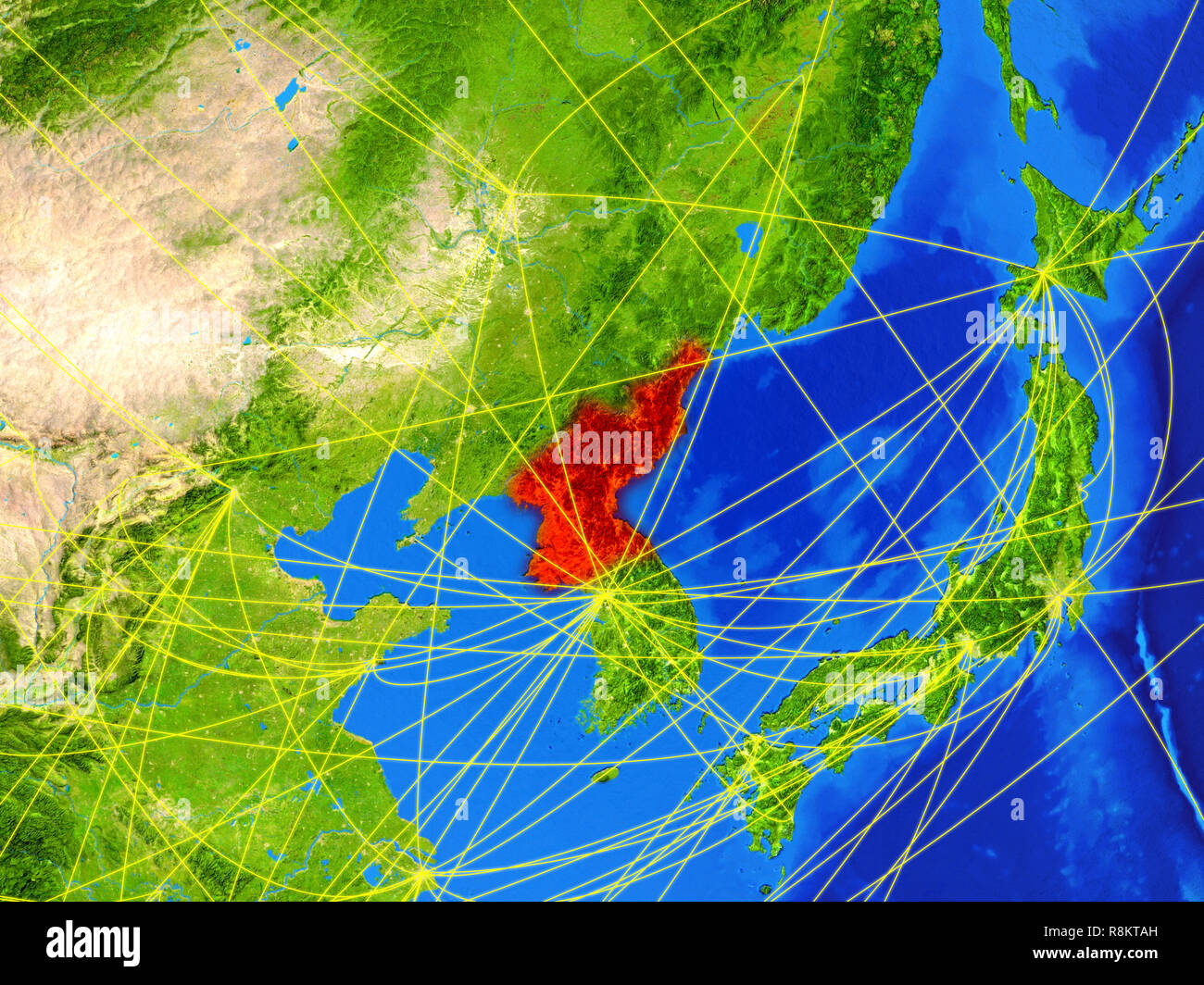 North Korea from space on model of planet Earth with networks. Detailed ...