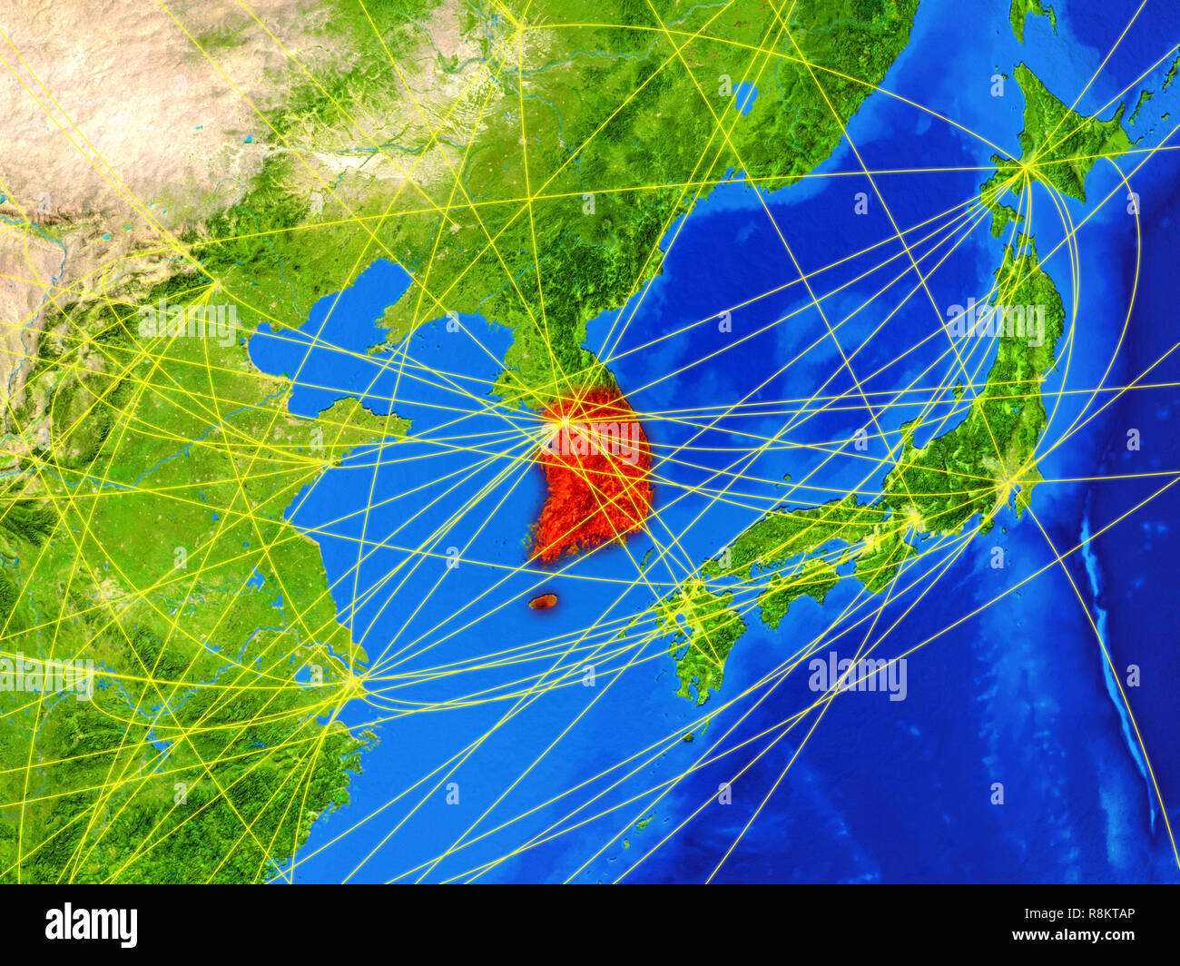 South Korea from space on model of planet Earth with networks. Detailed ...