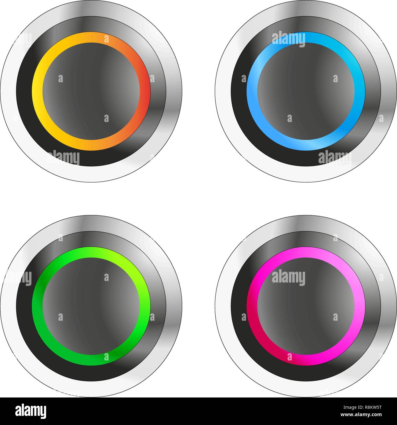 Set of circular metallic push buttons with colored light - Vector illustration Stock Vector