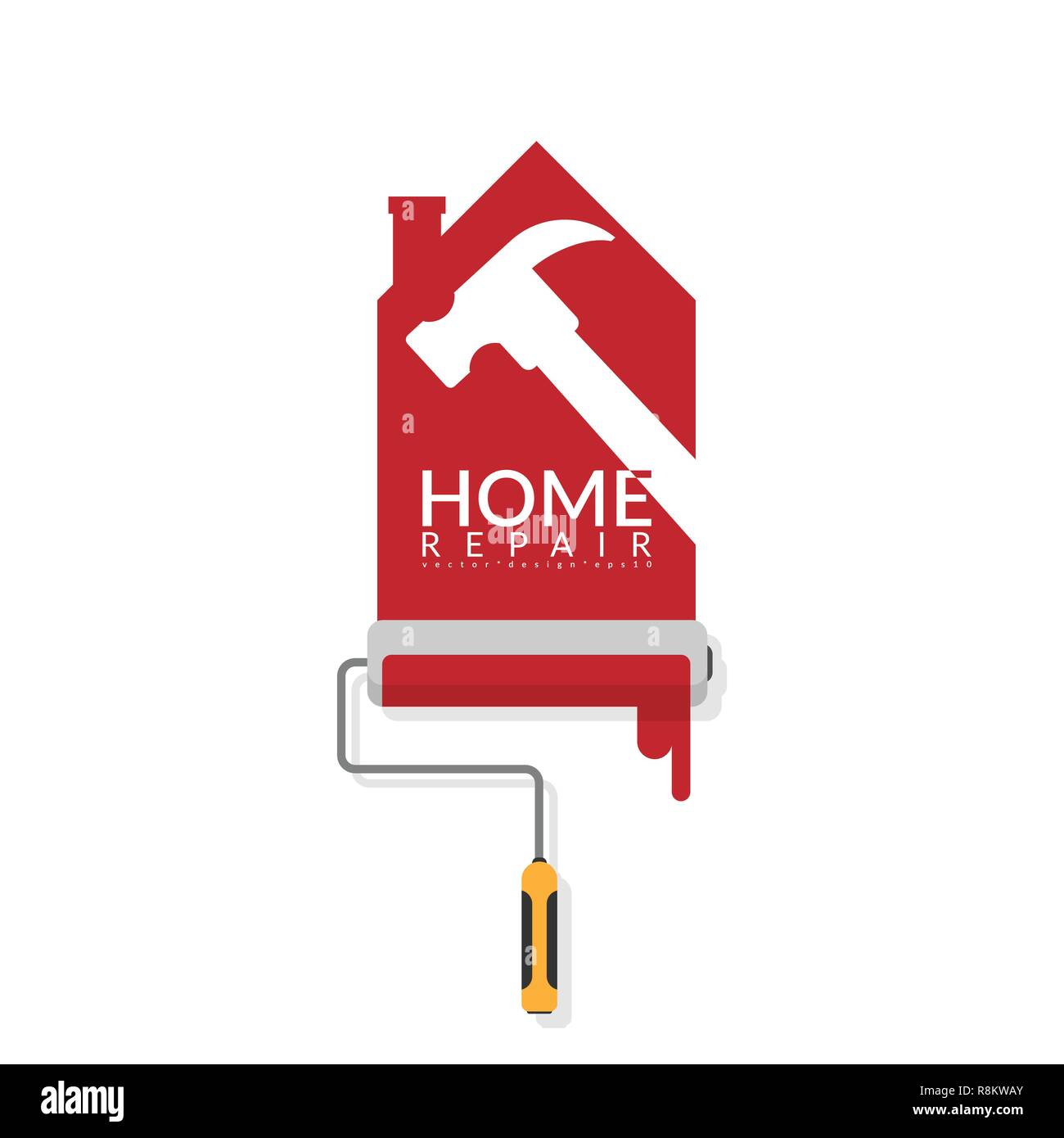 vector illustrator design of paint roller painting red color on white wall in shape of house logo with white shadow of hammer with text home repair. h Stock Vector