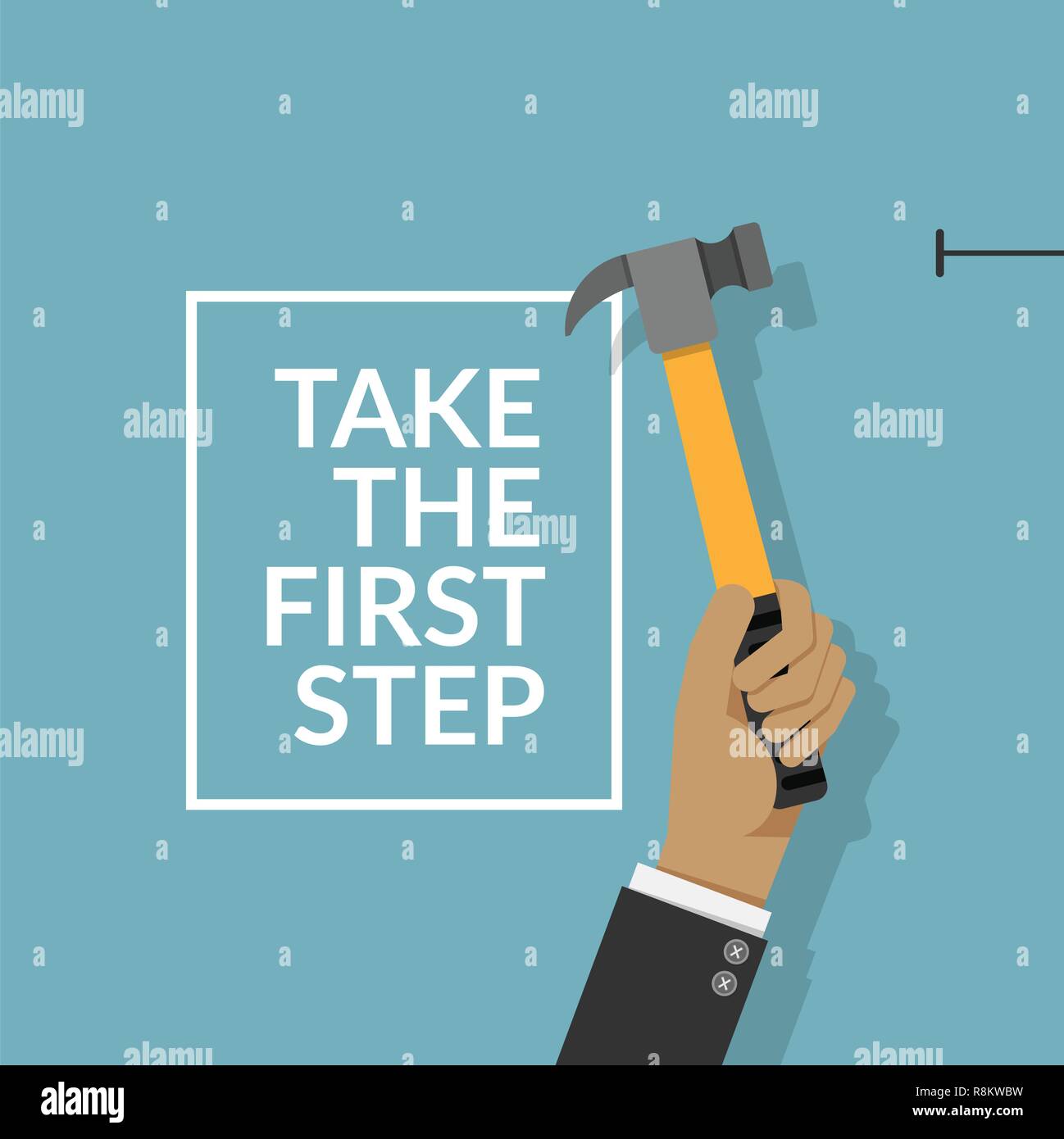 man using hammer and nail on the wall isolated on blue background with text take the first step. do it yourself home repair by man concept. vector ill Stock Vector