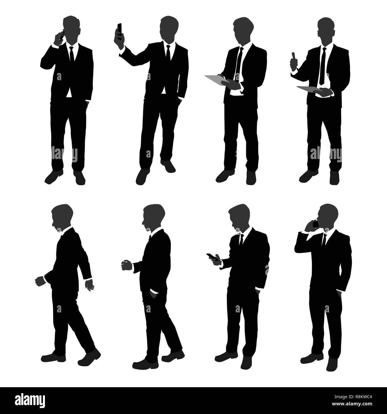 vector set of stand businessman silhouette. businessman with different action such as using mobile phone , walking , working with document file Stock Vector