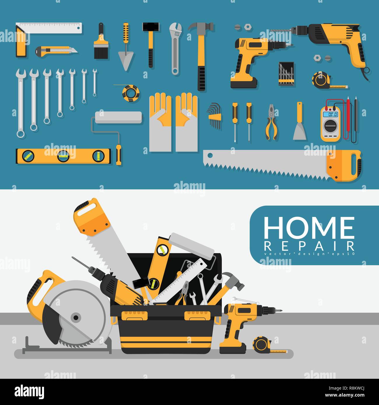 home repair service template with set of DIY home repair working tools. home repair service consulting, renovation & construction company on white bac Stock Vector