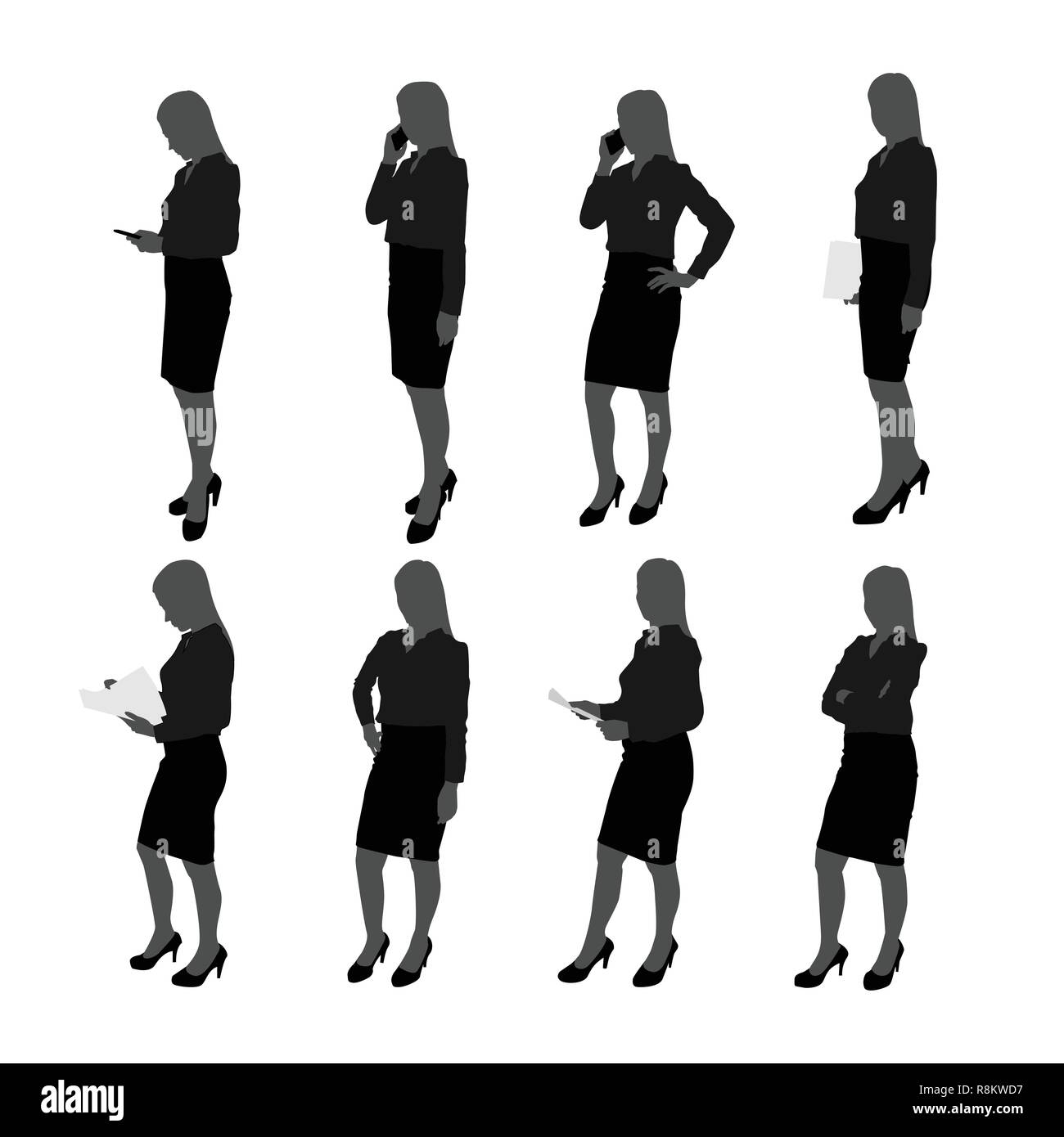 vector set of stand businesswoman silhouette. businesswoman with different action such as using mobile phone , posing , working with document file Stock Vector
