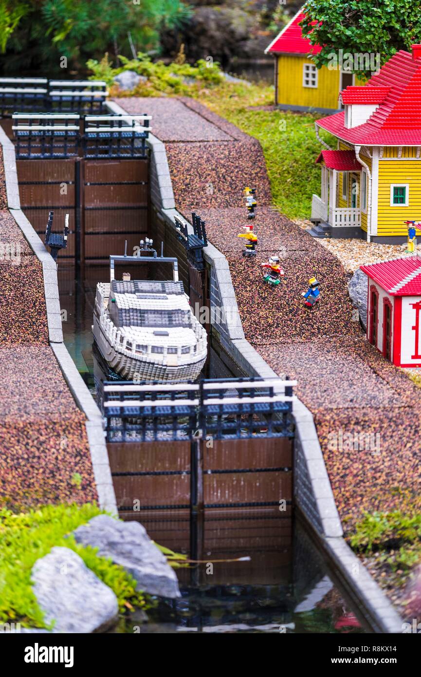 Denmark, Jutland, Billund, Legoland® Billund is the first Legoland Park established in 1968, near the headquarters of the Lego® company (the term Lego is derived from the Danish Leg godt meaning plays well), it is consisting of the following spaces: here Swedish sluice canal landscape in Miniland - true animated miniature world, but also Legoredo Town, Imagination Zone, Knights' Kingdom, DUPLO Land, Pirate Land, LEGO City, Dino Island, Fun Town, Adventure Land, LEGO X-Treme, Traffic, Kingdom of the Pharaohs, Land of the Vikings, Stock Photo