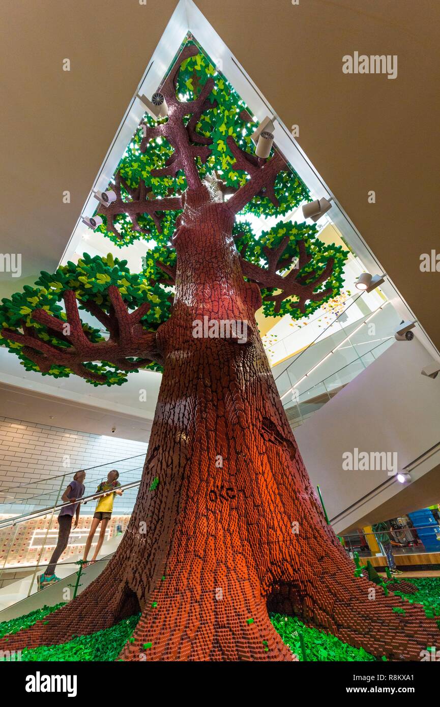 Denmark, Jutland, Billund, The Tree of Creativity - monumental sculpture at entrance of the Lego® House, the experimentation center for the general public with 25 million bricks available over
