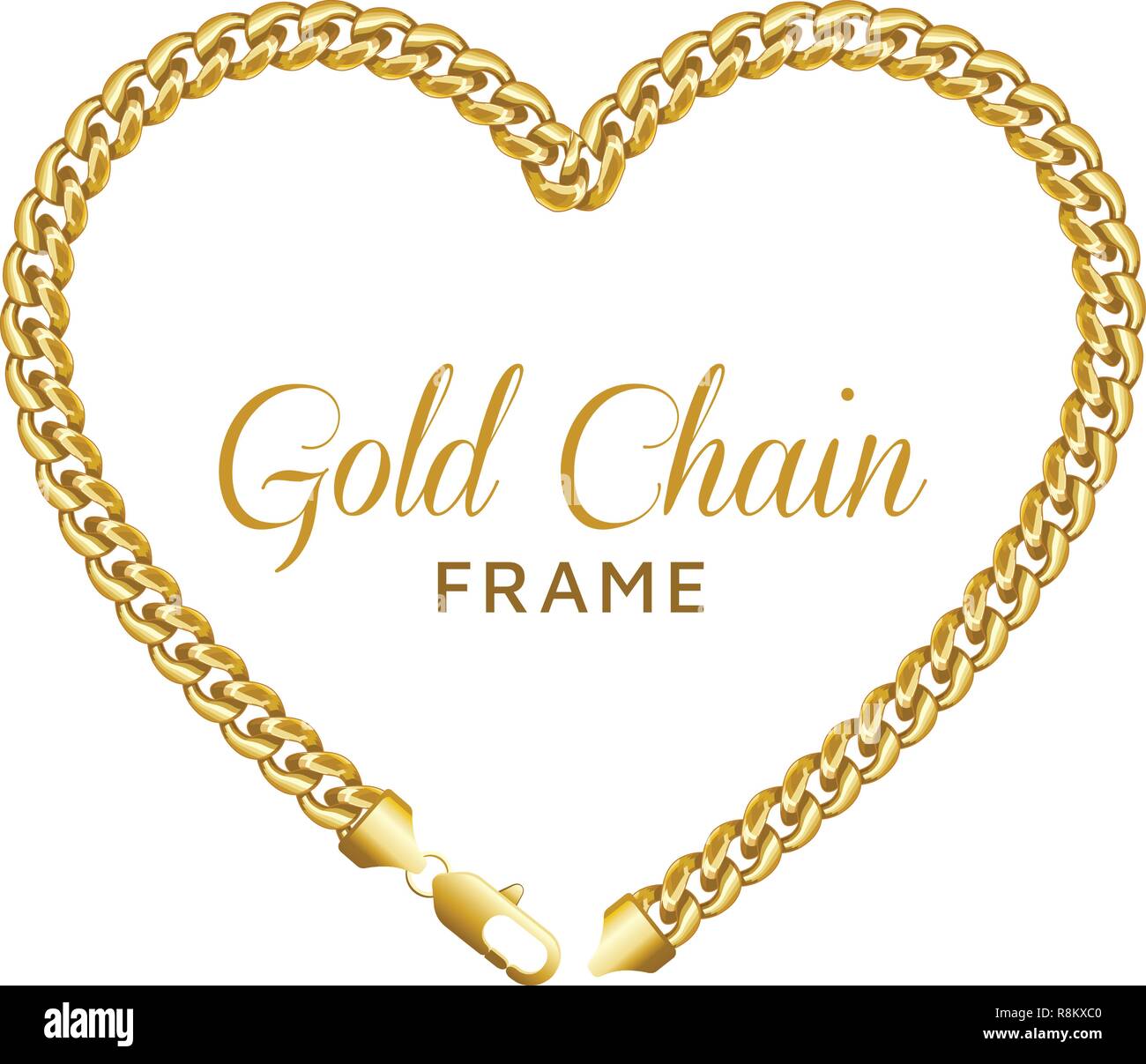 Gold chain heart love border frame. Wreath shape with a lobster lock. Stock Vector