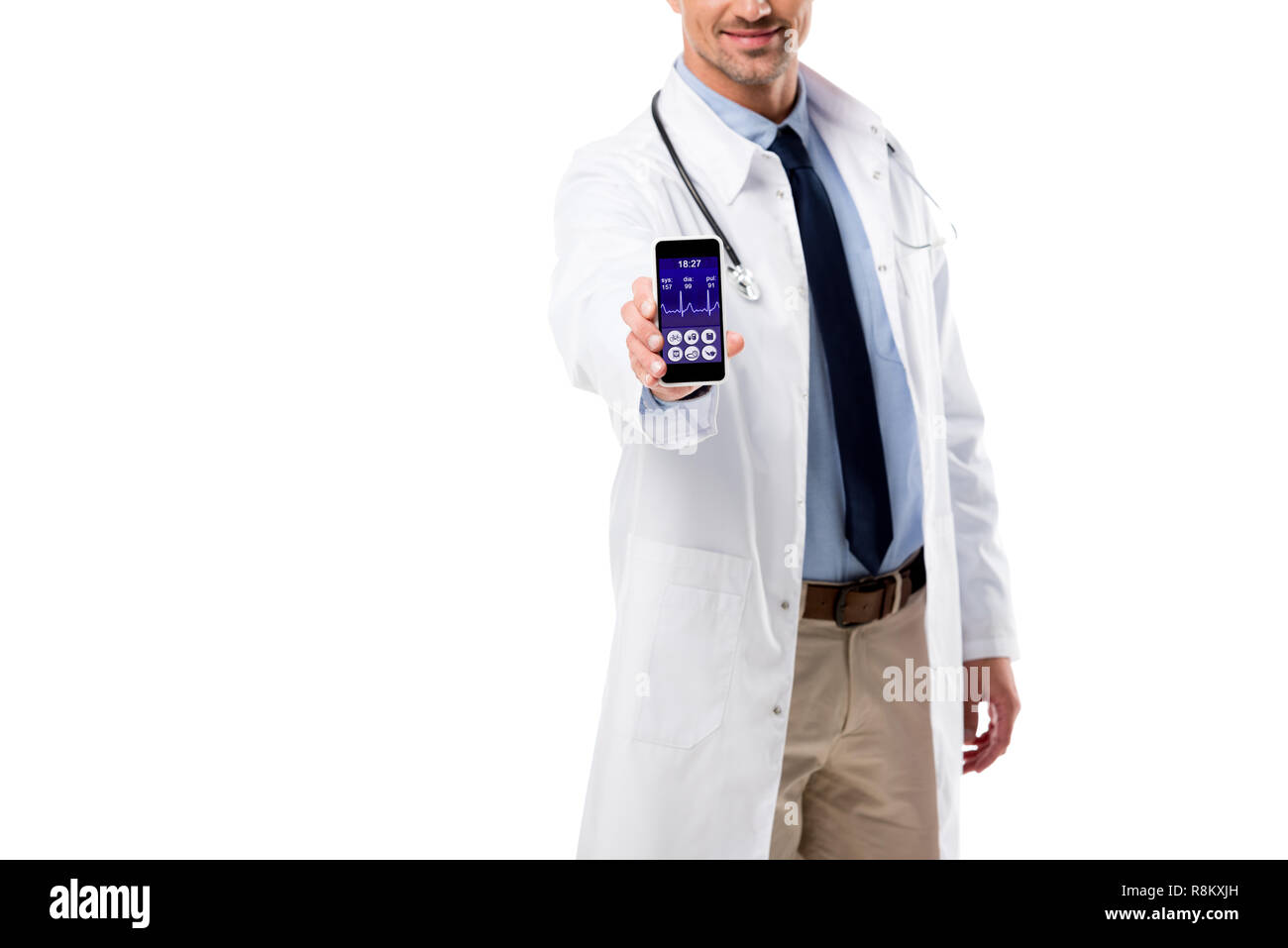partial view of doctor holding smartphone with health data app on ...