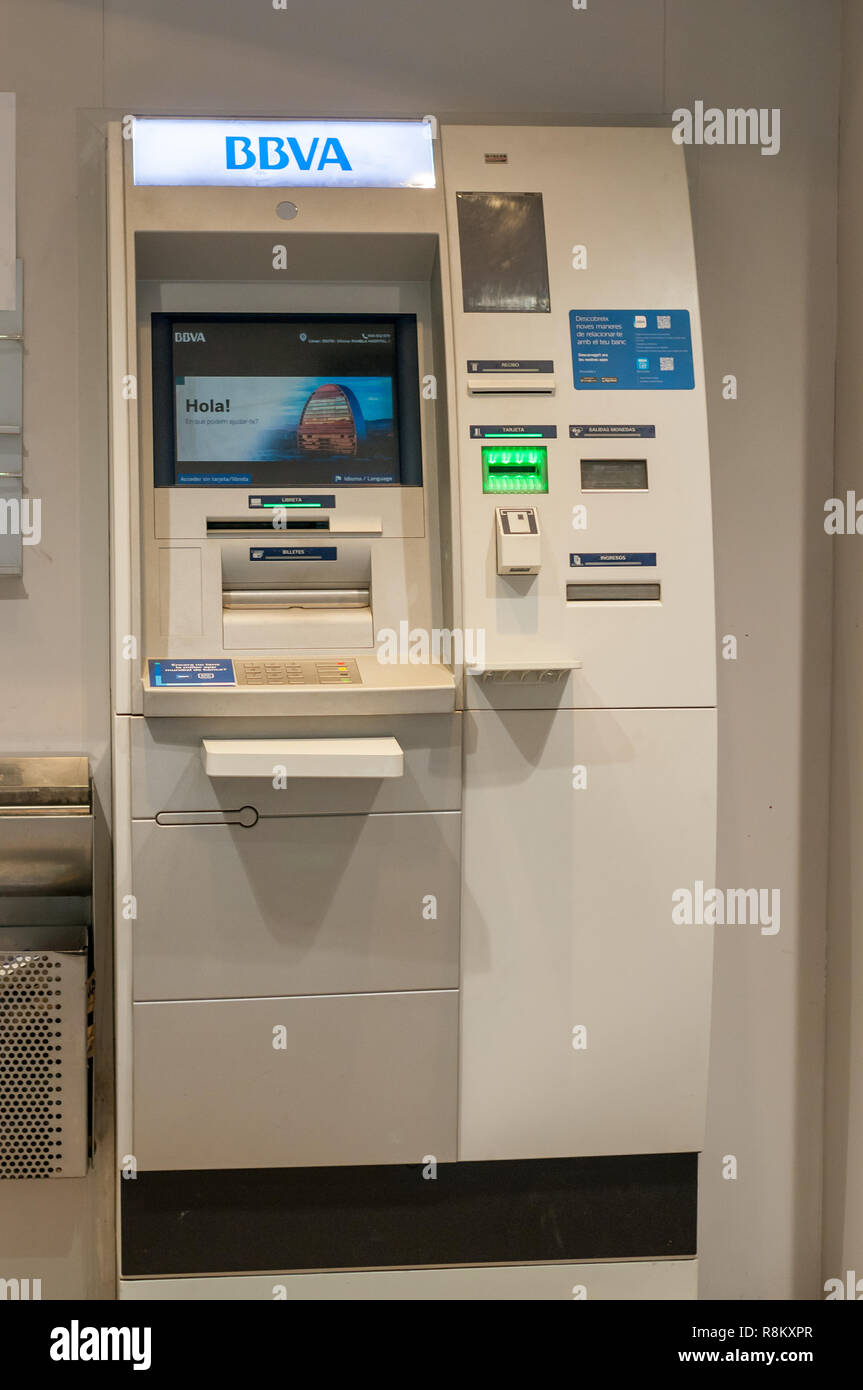 BBVA, cash machine, ATM. Banco Bilbao Vizcaya Argentaria, Vic, Barcelona, Catalonia, Spain Stock Photo