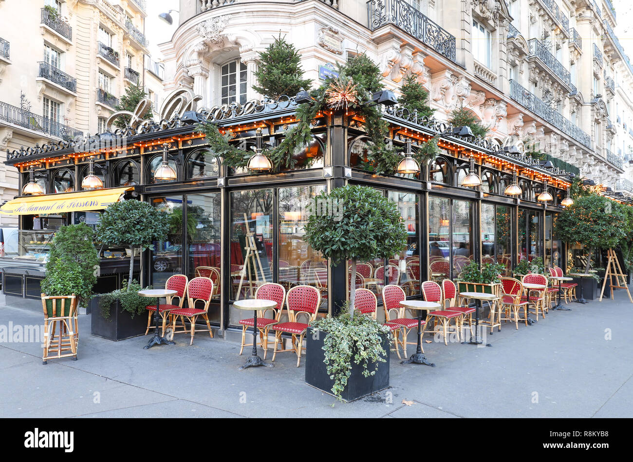 The famous restaurant Le Dome decorated for Christmas located on Montparnasse boulevard in Paris.It was once home for to intellectual stars , from Hemingway to Picasso Stock Photo