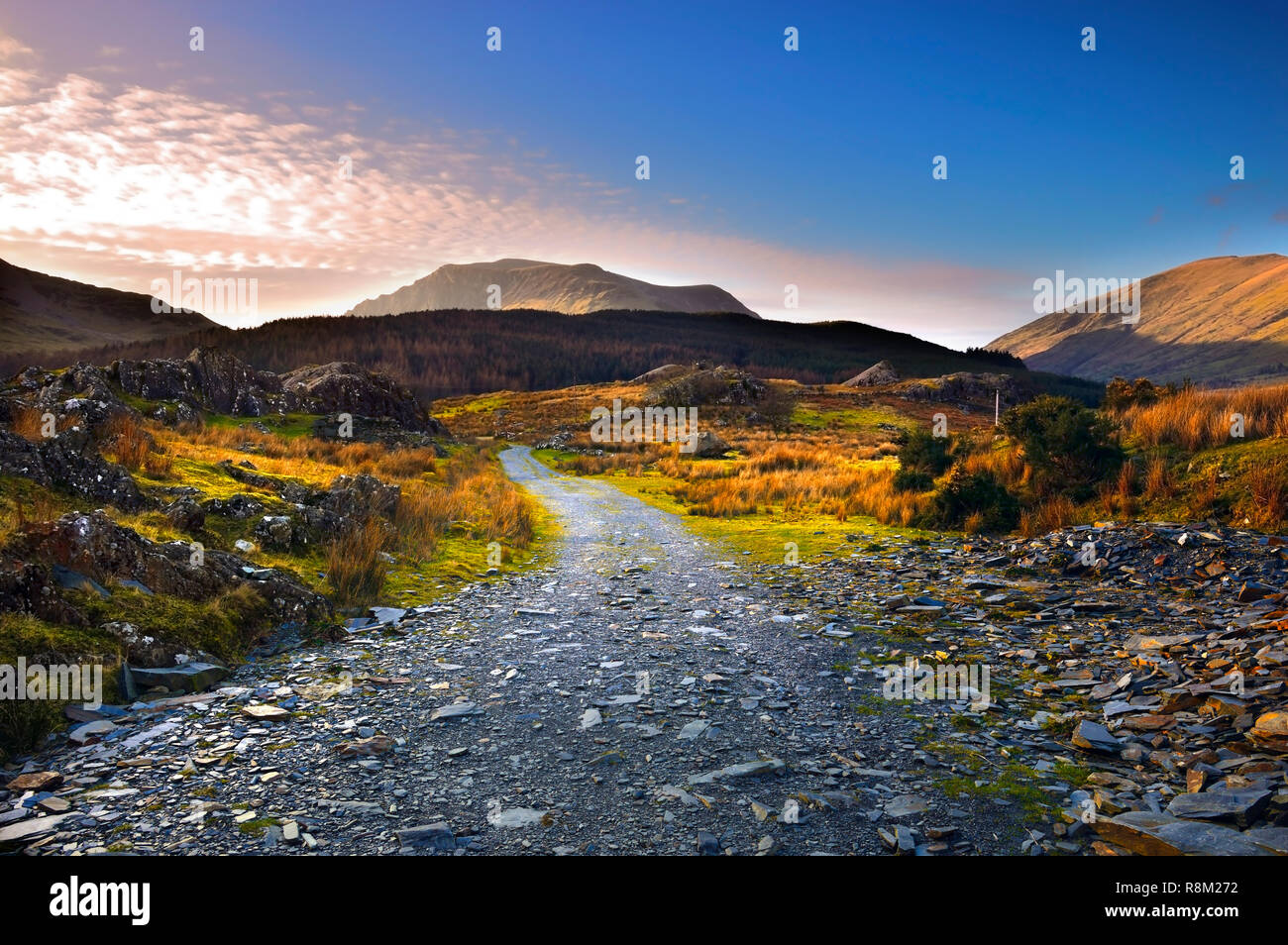A winter view of a remote path in the rugged Snowdonia National Park, North Wales. Stock Photo