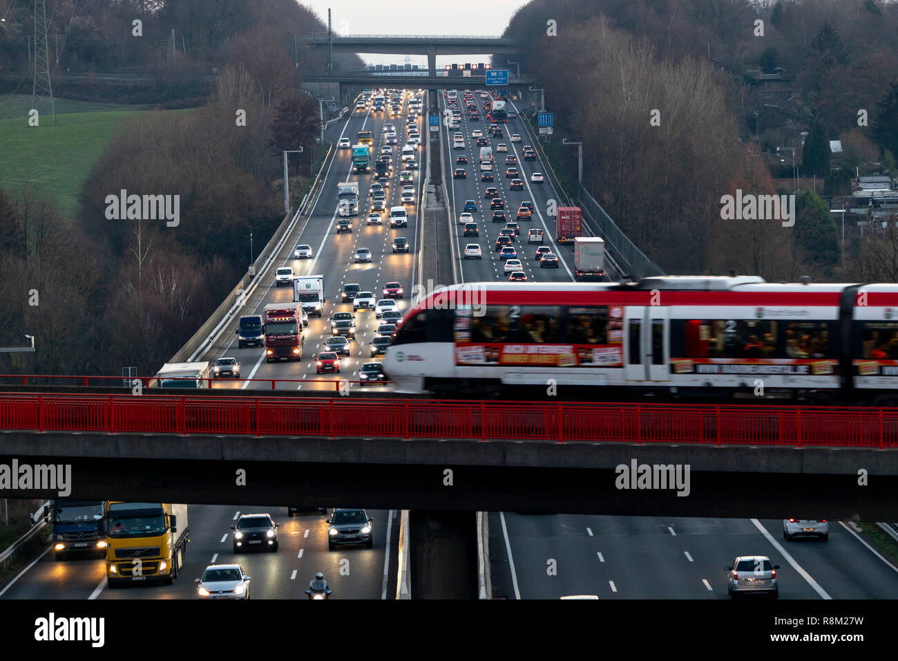 Autobahn, A3 motorway between DŸsseldorf and Leverkusen, near Erkrath, Germany, railway bridge, local train, Stock Photo