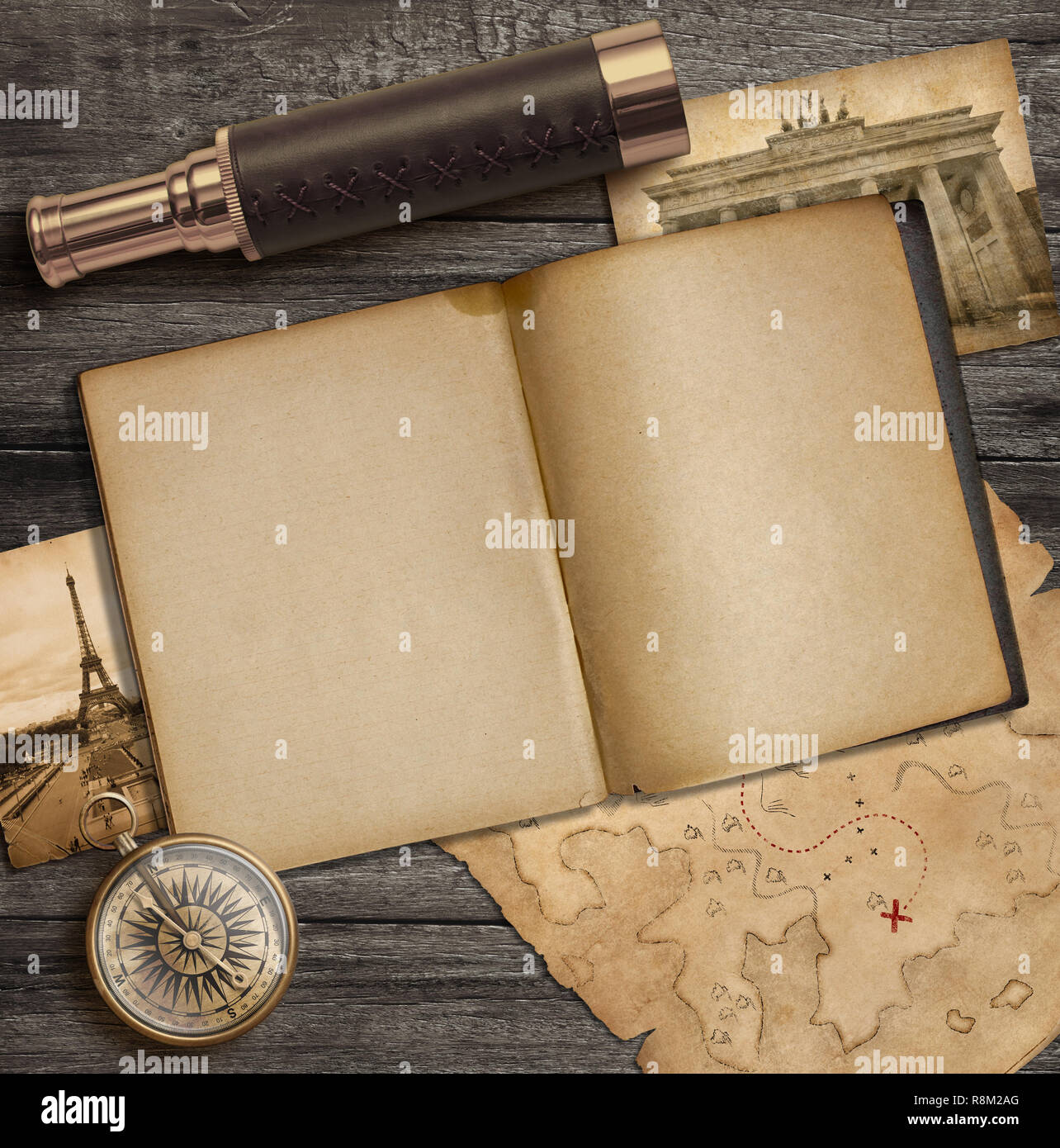 Diary and vintage travel accessories top view. Adventure and exploration concept. Stock Photo