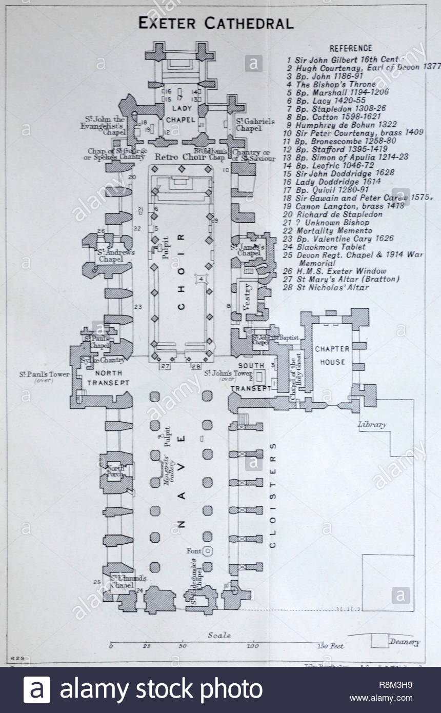 Exeter cathedral floor plan, illustration from early 1900s Stock Photo