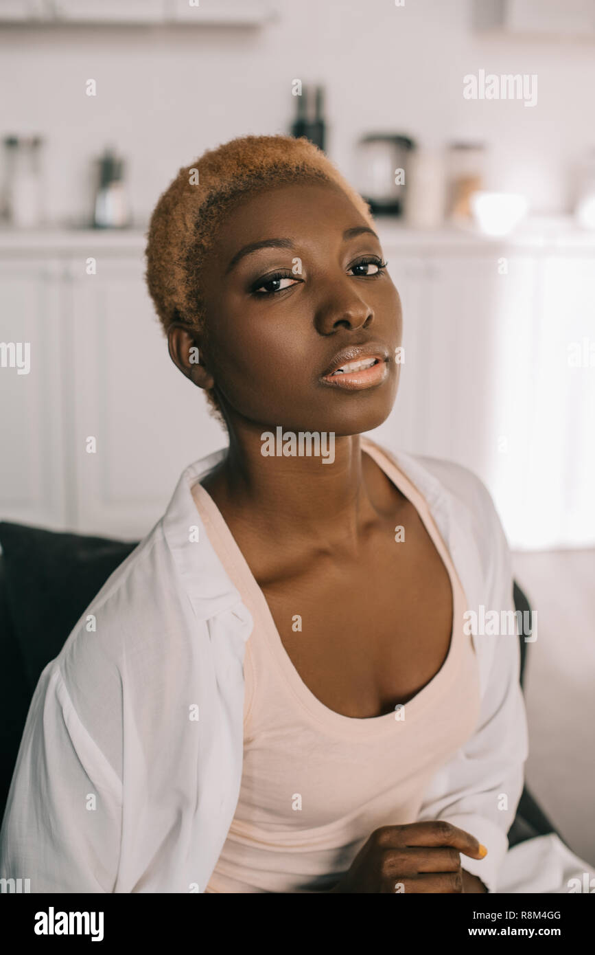 Selective Focus Of Attractive African American Woman With Short