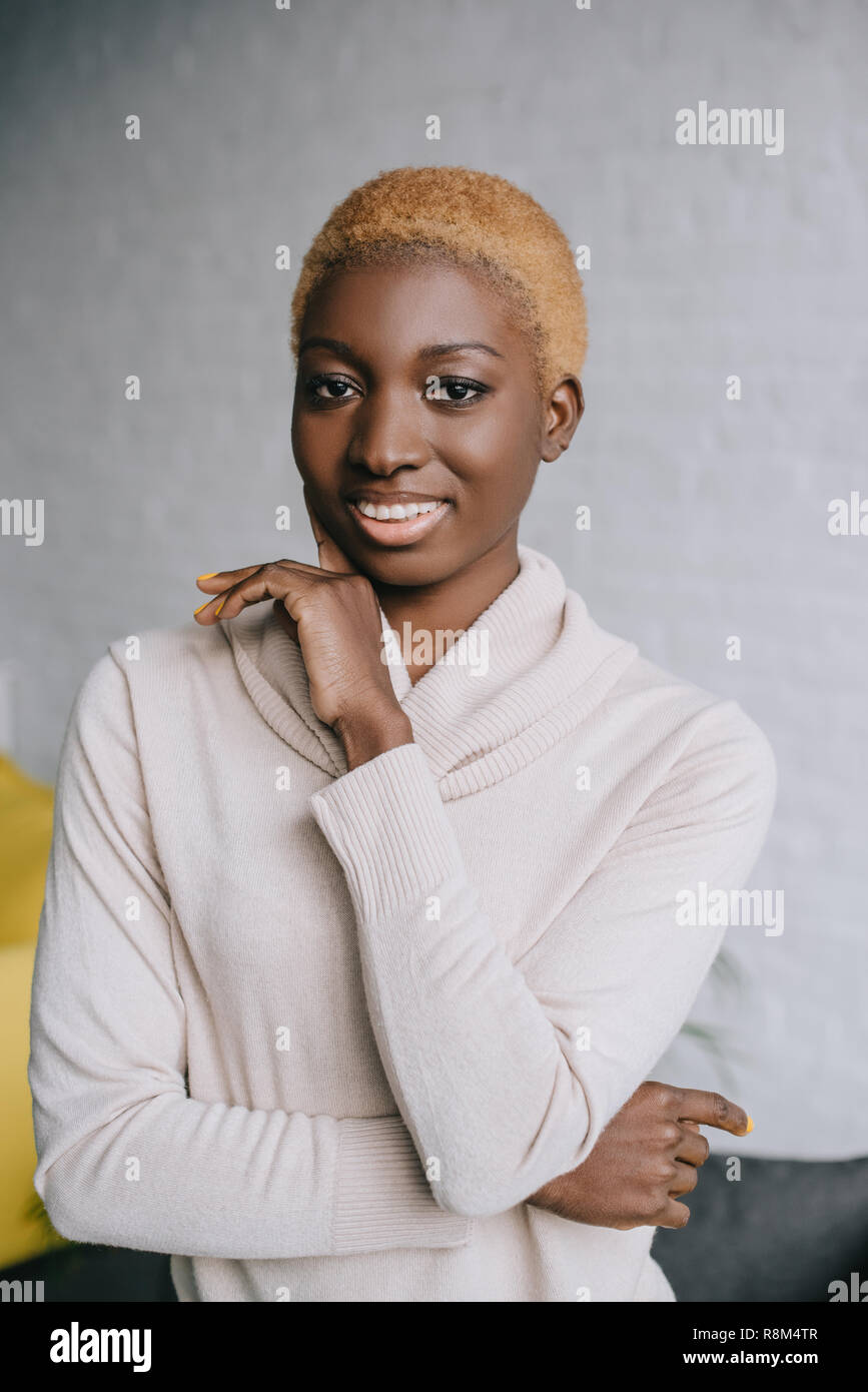 Selective Focus Of Beautiful African American Woman With Short