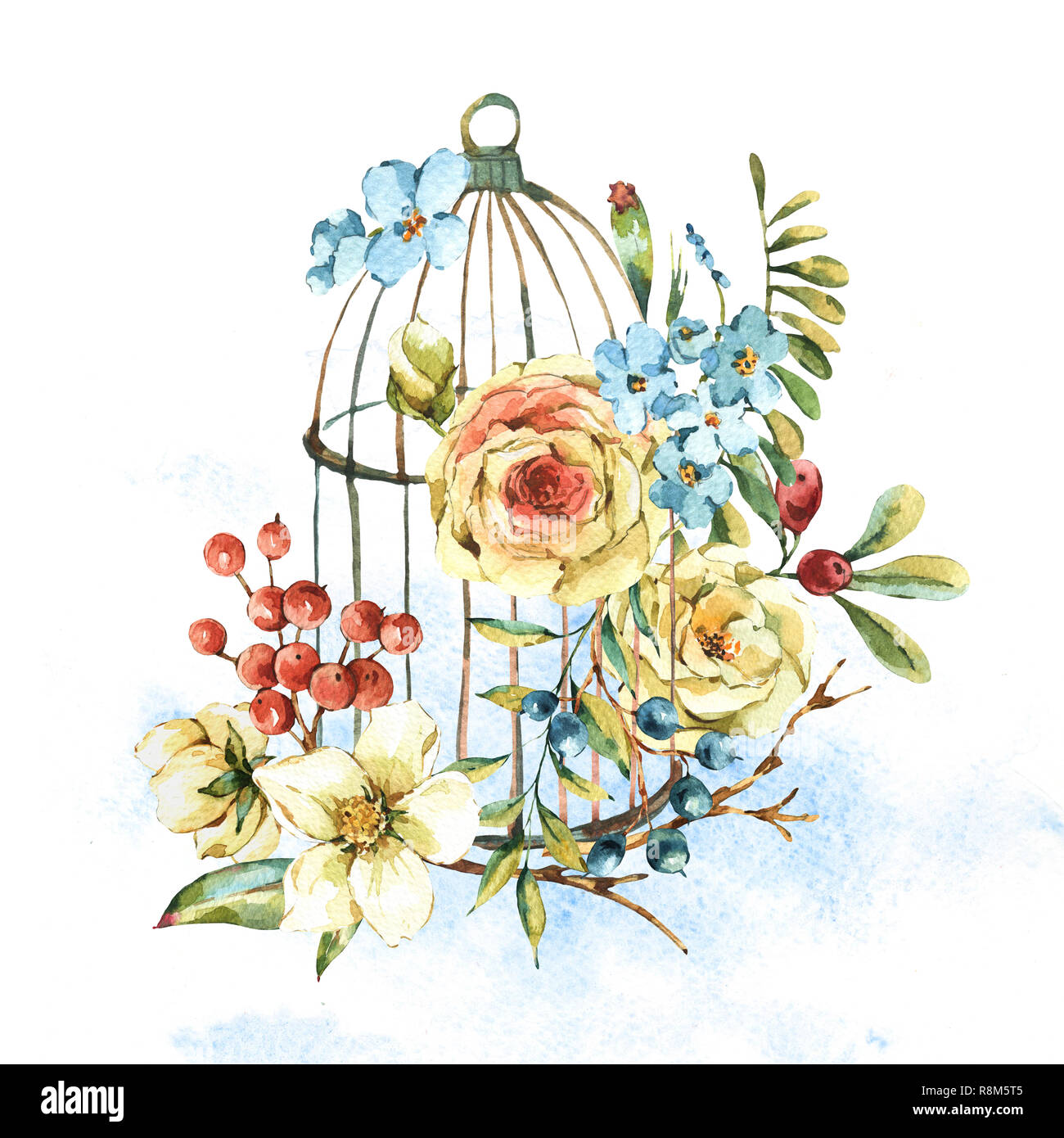 Cute watercolor natural floral greeting card with white rose ...