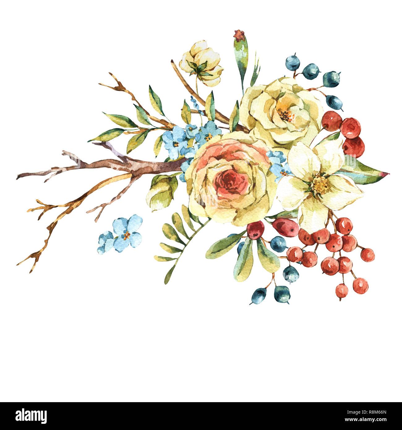 Cute watercolor natural floral greeting card with white rose ...