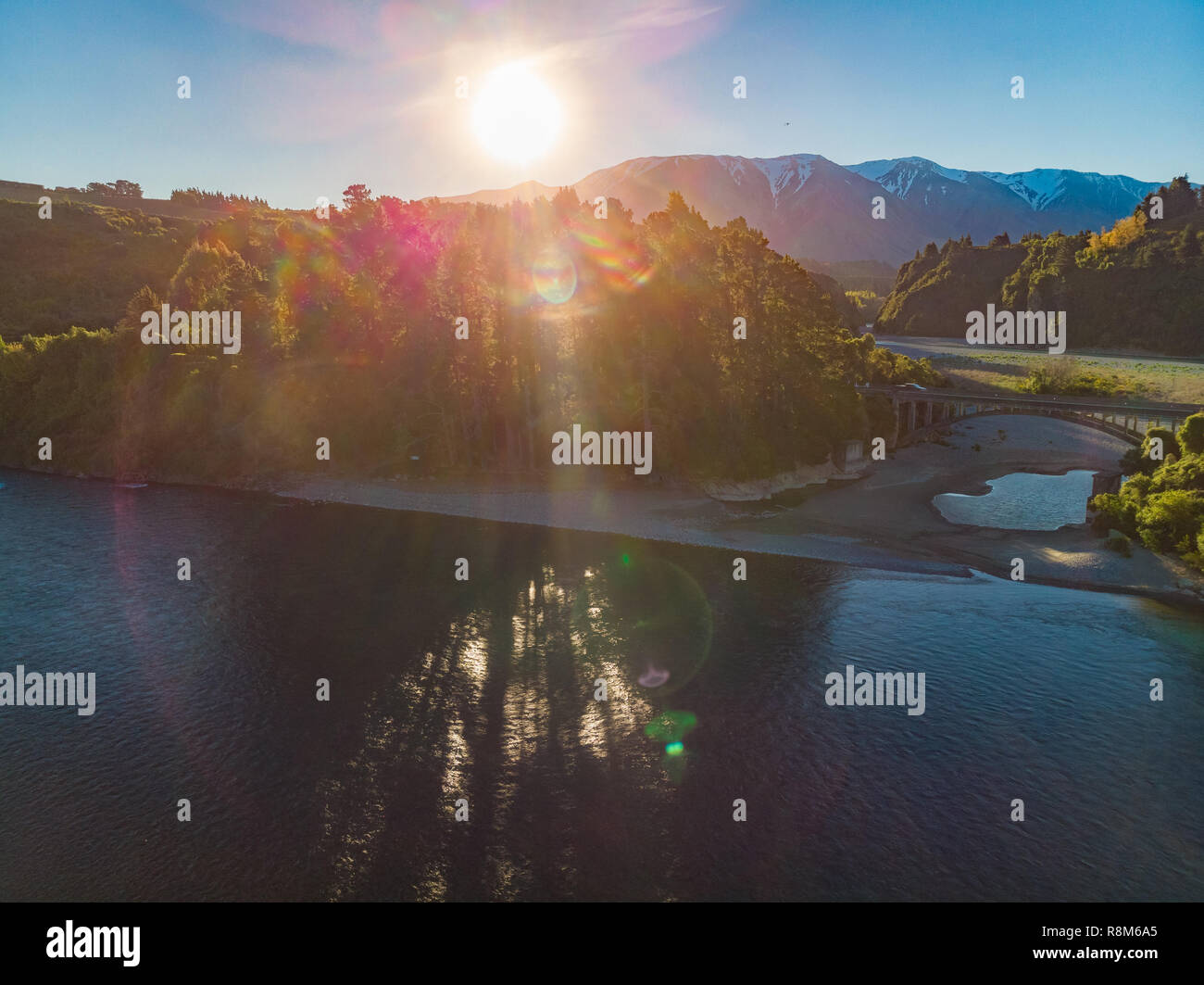 Bridges over Rakaia river, Rakaia Gorge, New Zealand, South Island, during sunset Stock Photo