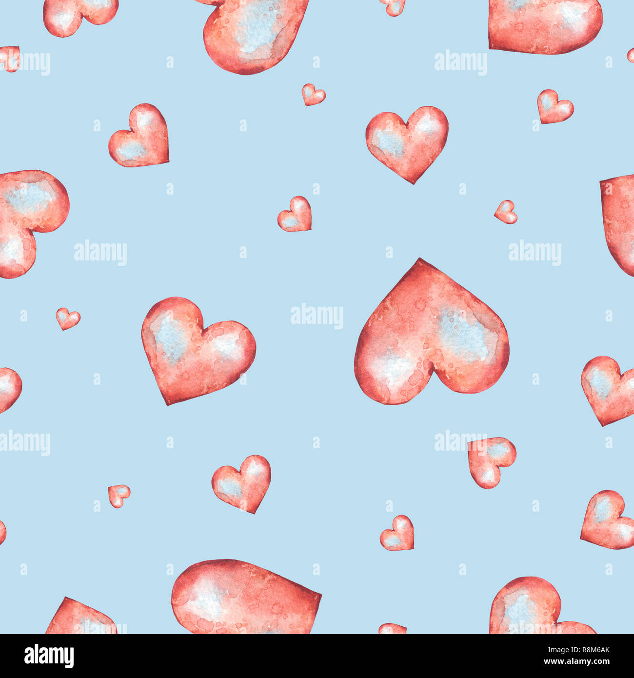 Valentines day watercolor seamless pattern with red heart, vintage illustration, cute design wallpaper on blue background Stock Photo