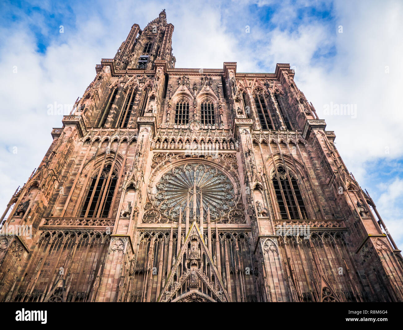 Elegant exterior architecture of front facade of Notre dame cathedral in Strasbourg, France Stock Photo