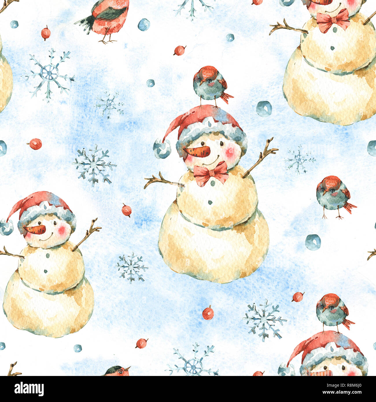 Winter Watercolor Christmas seamless pattern with cute sowman and birds ...