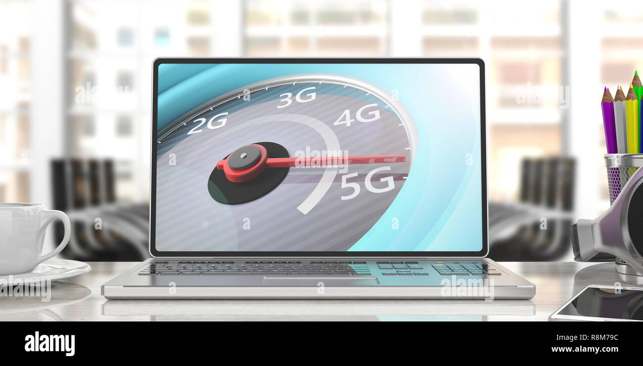 5G High speed network internet connection. Reaching 5g, speedometer on a computer laptop screen, blur business office background. 3d illustration Stock Photo
