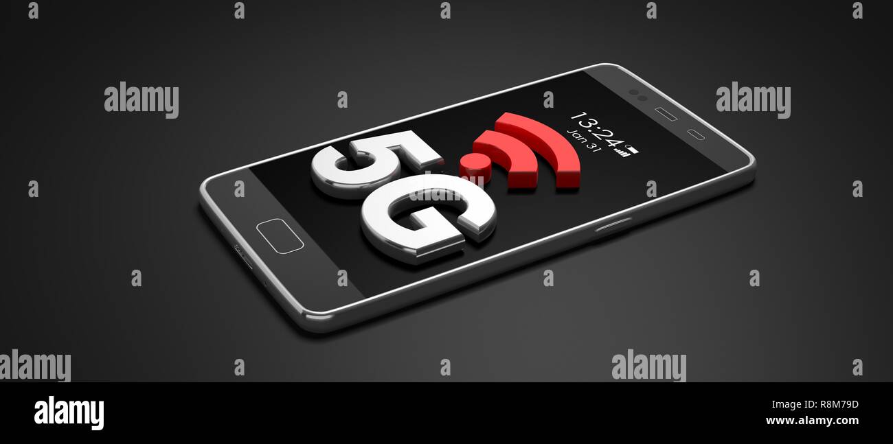 5G High speed network connection. 5th generation new mobile wireless internet on a smartphone, isolated against black background. 3d illustration Stock Photo