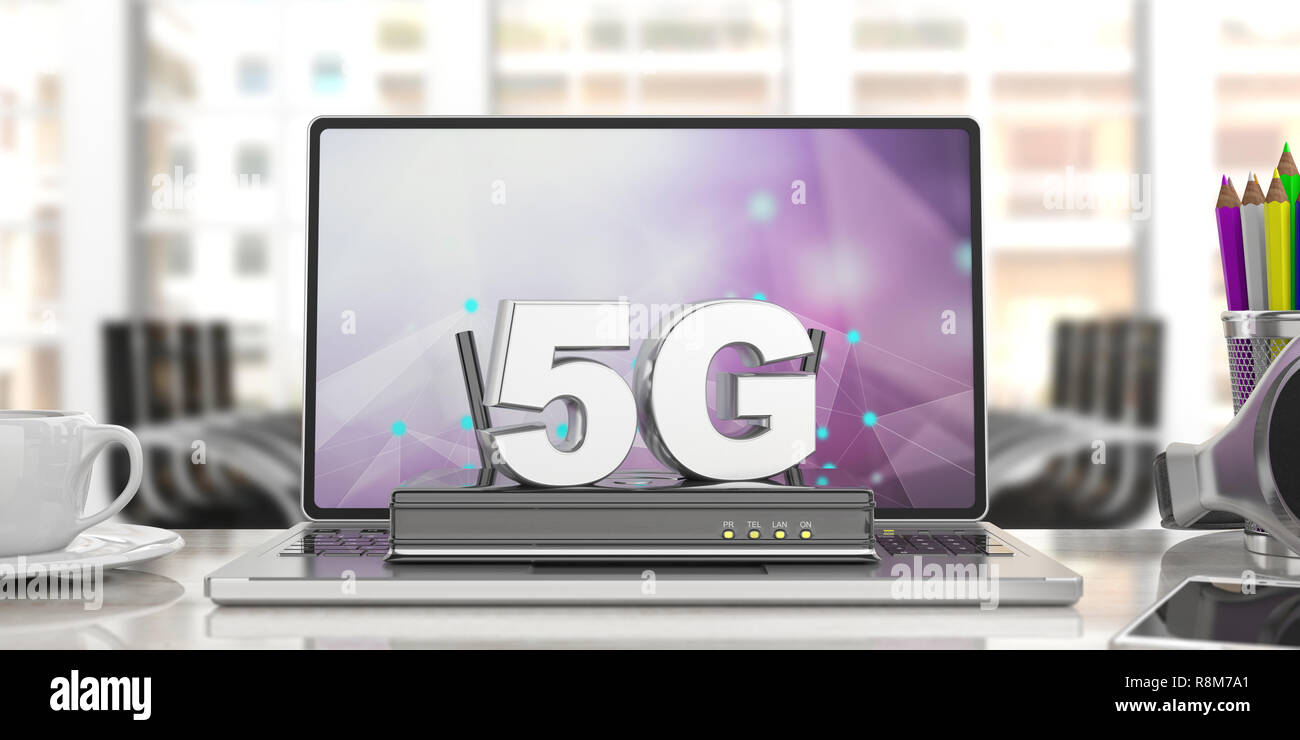 5G High speed network connection. 5th generation mobile internet wifi router on computer laptop, blur business office background. 3d illustration Stock Photo