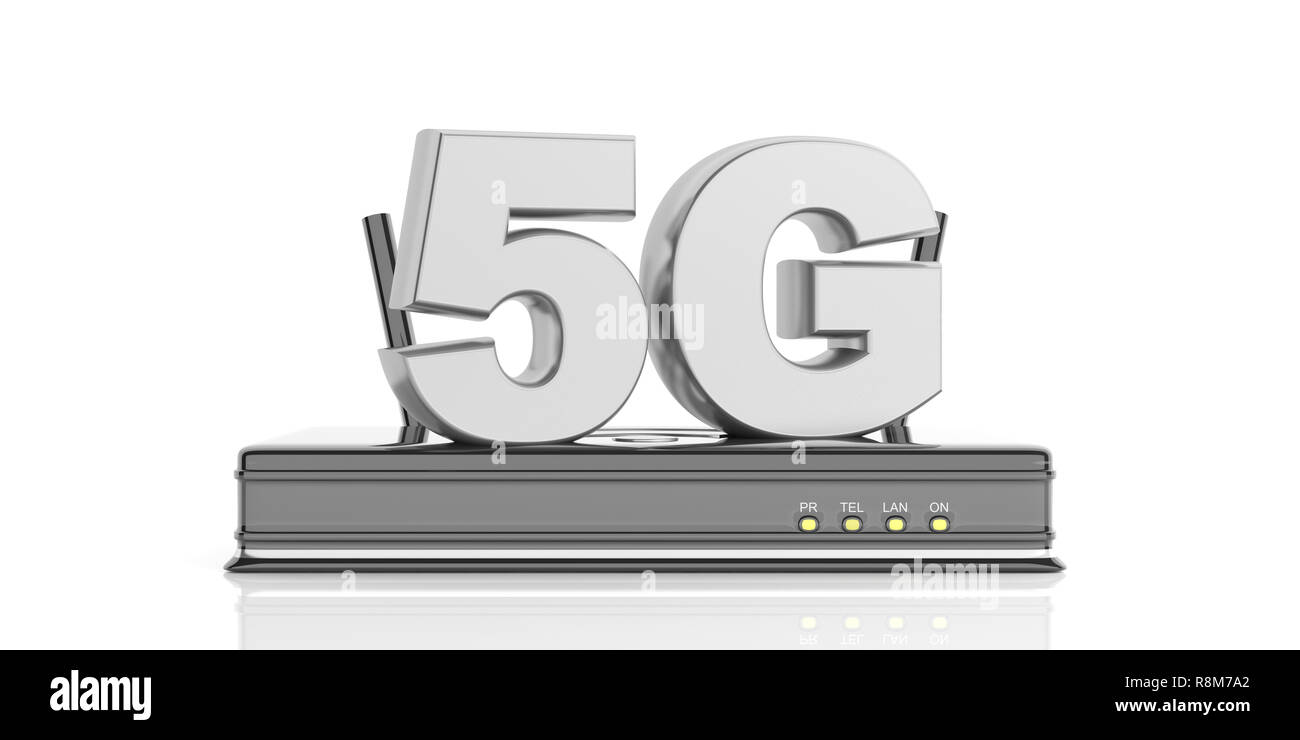5G High speed network connection. 5th generation new mobile wireless internet on wifi router isolated against white background. 3d illustration Stock Photo