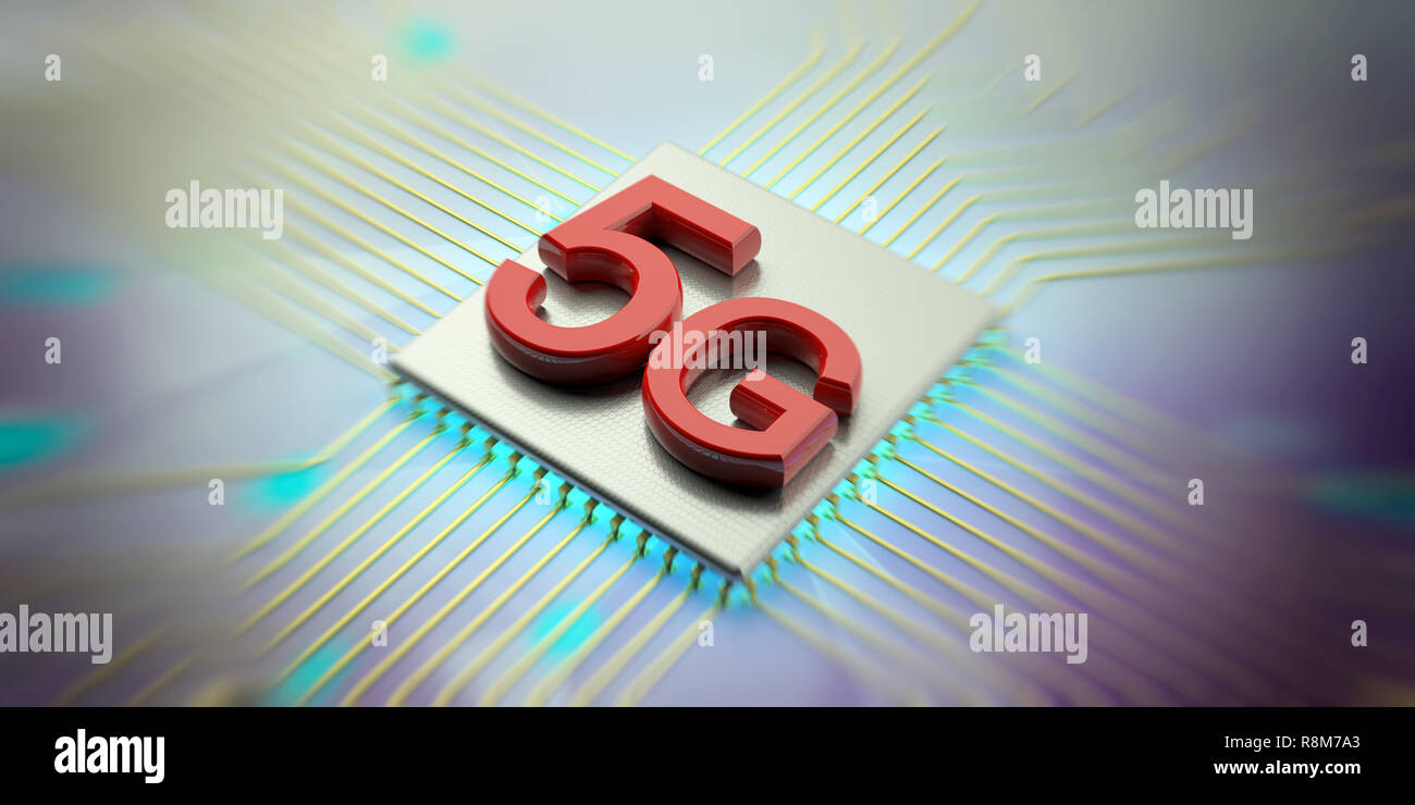 5G High speed network connection. 5th generation red new mobile wireless internet wifi against blue electronic circuit background. 3d illustration Stock Photo