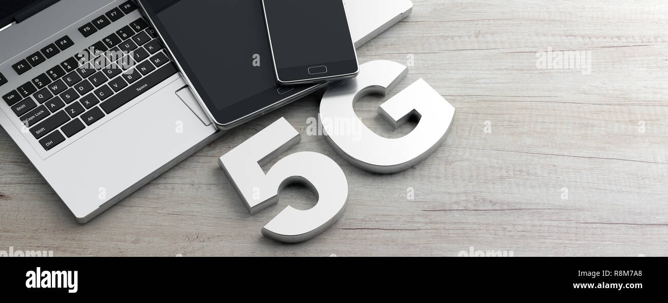 5G High speed network connection. 5th generation new mobile wireless internet and electronic devices, against wooden background. 3d illustration Stock Photo